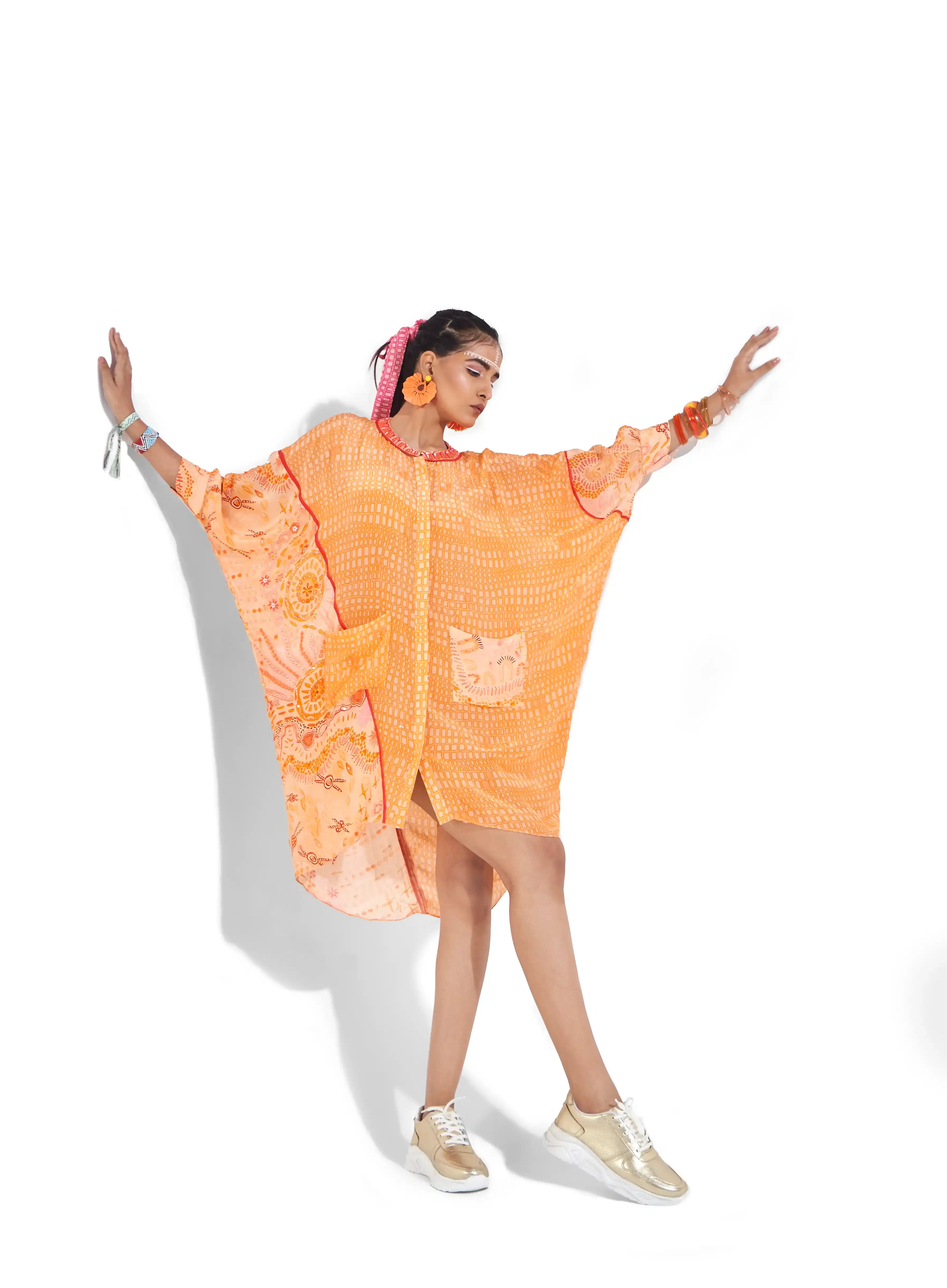 Regal Sunset Orange Crepe Ruri Oversize Kaftan Sequins Embellishments