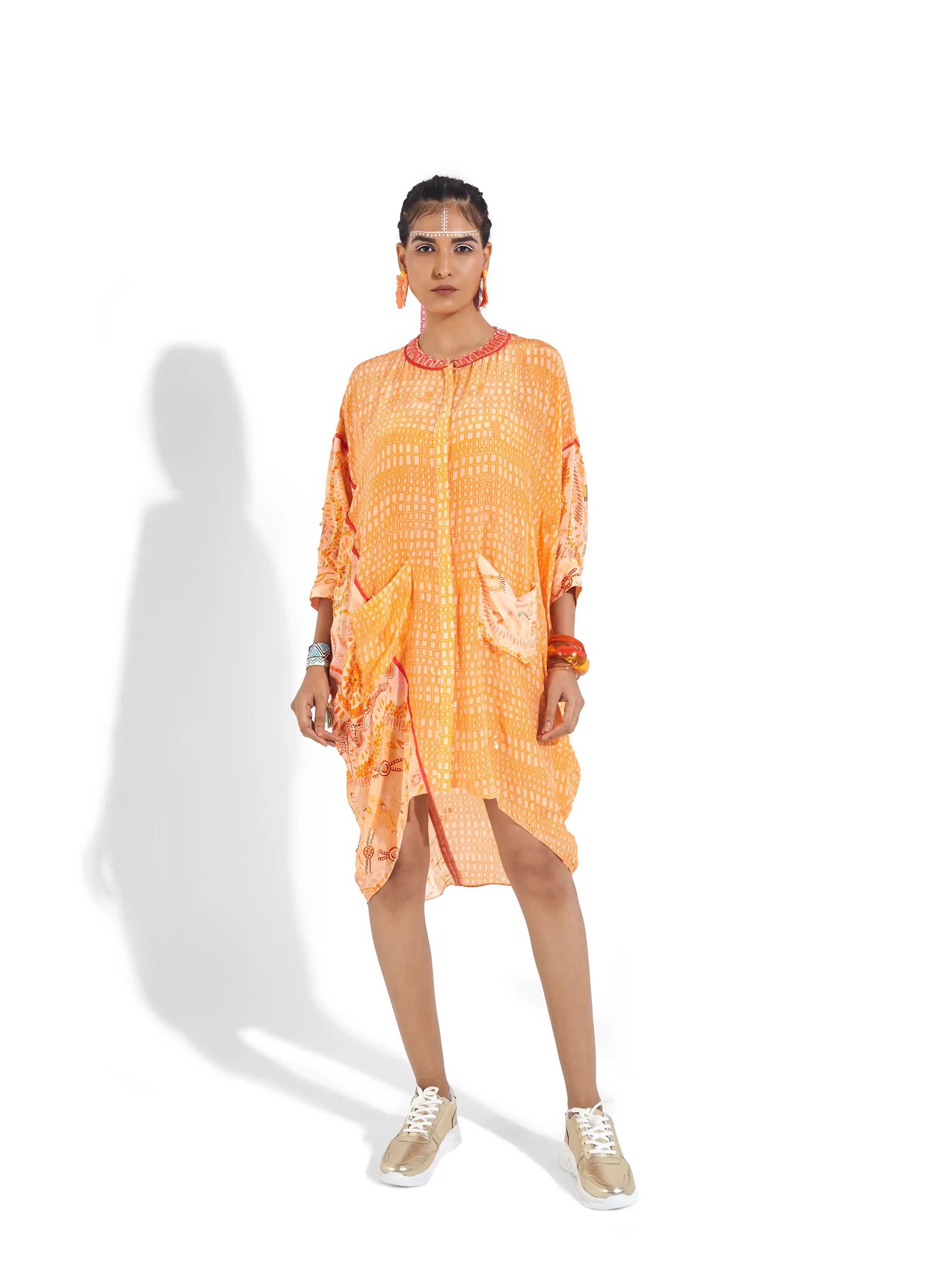 Regal Sunset Orange Crepe Ruri Oversize Kaftan Sequins Embellishments
