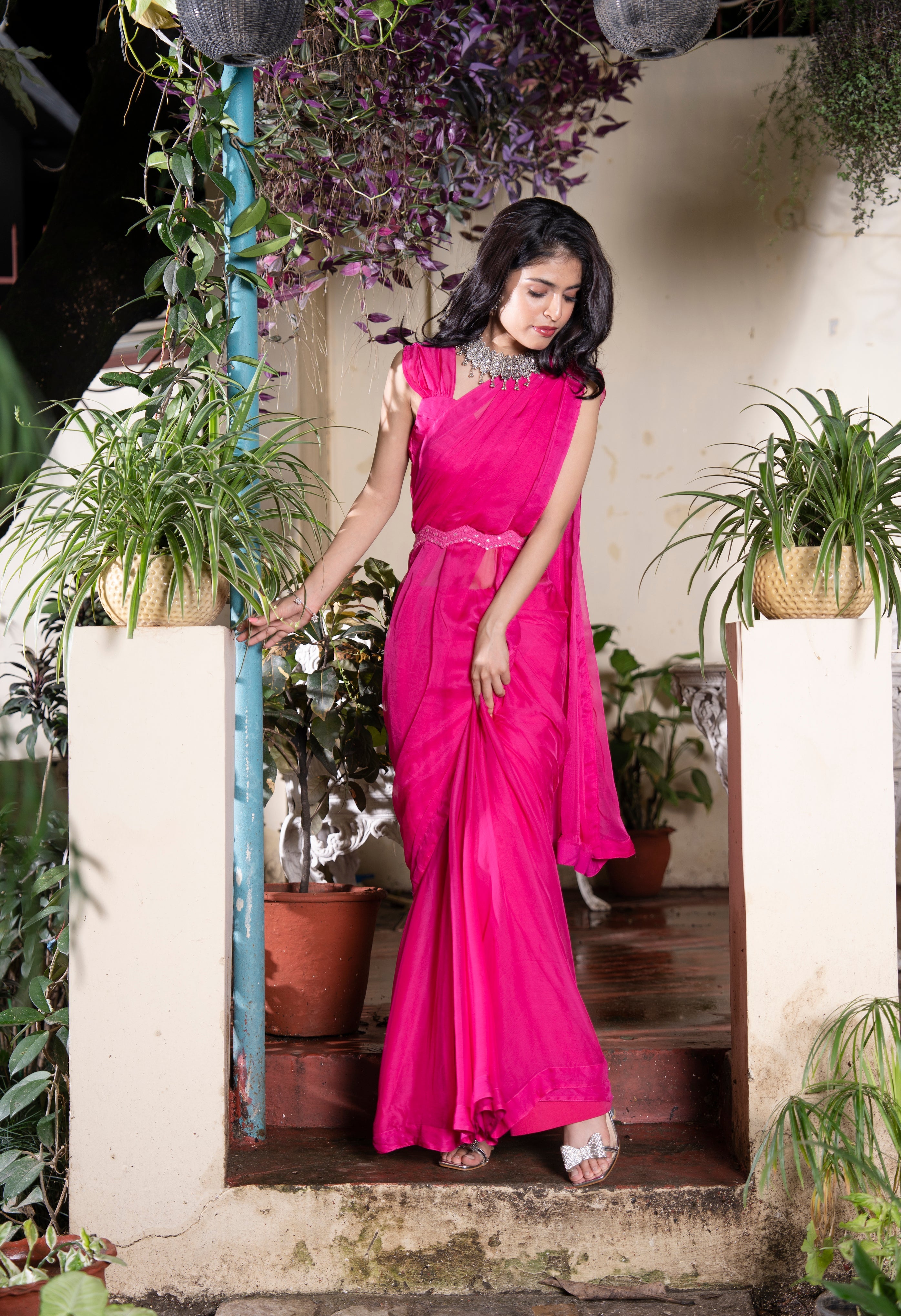 Regal Rani Pink Chiffon Saree with Chic Belt