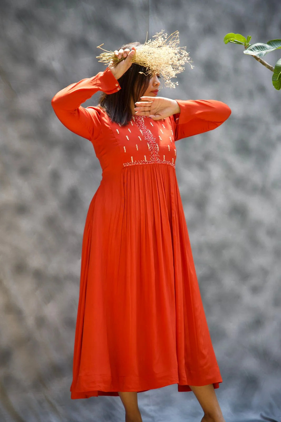 Rustic Orange Anarkali with Neck Embroidery - Ethnic Anarkali