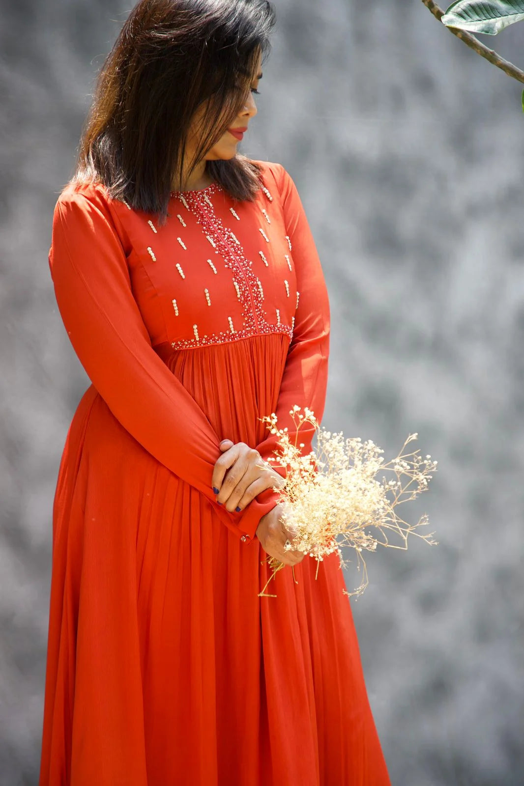 Rustic Orange Anarkali with Neck Embroidery - Ethnic Anarkali