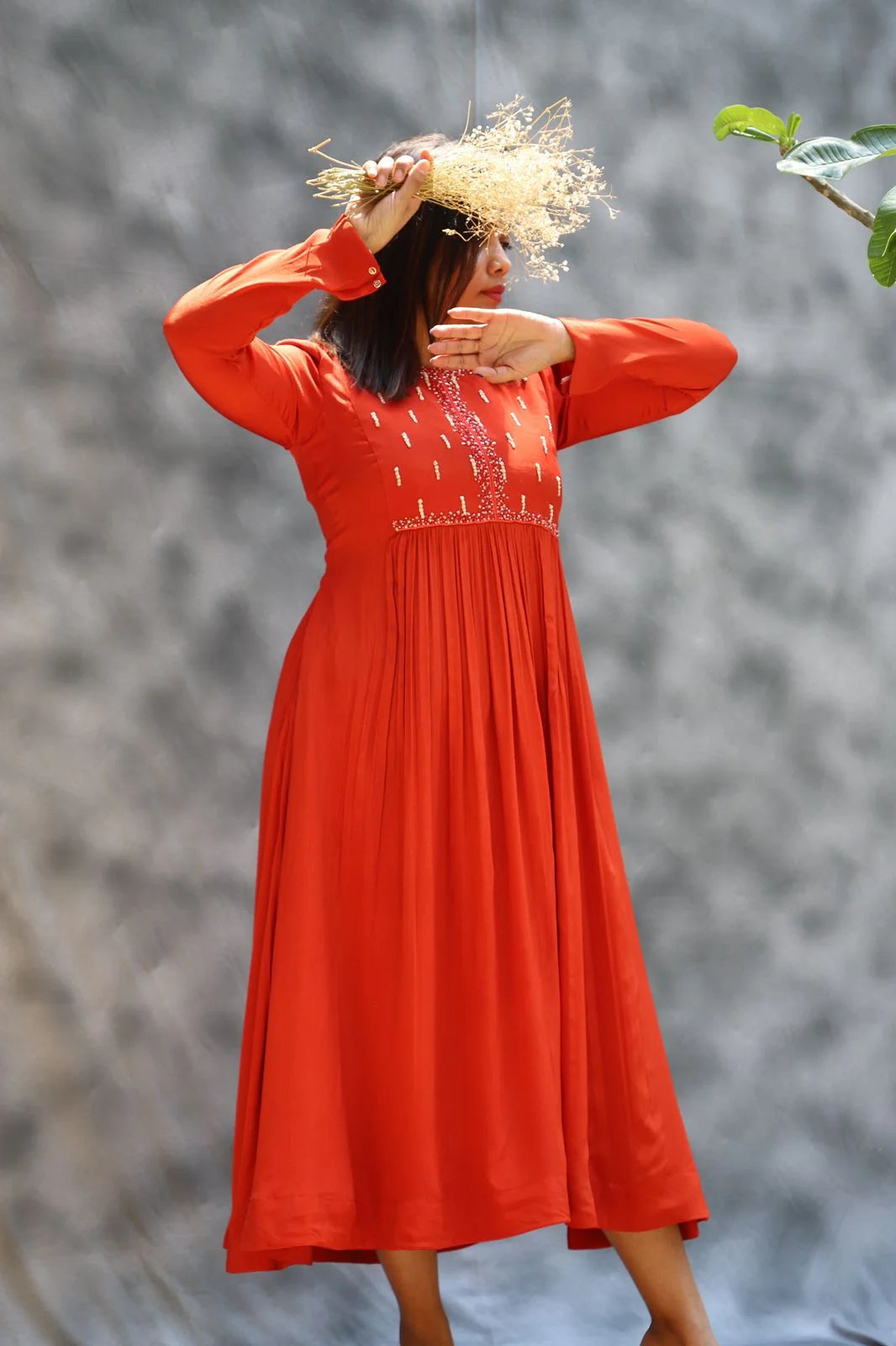 Rustic Orange Anarkali with Neck Embroidery - Ethnic Anarkali