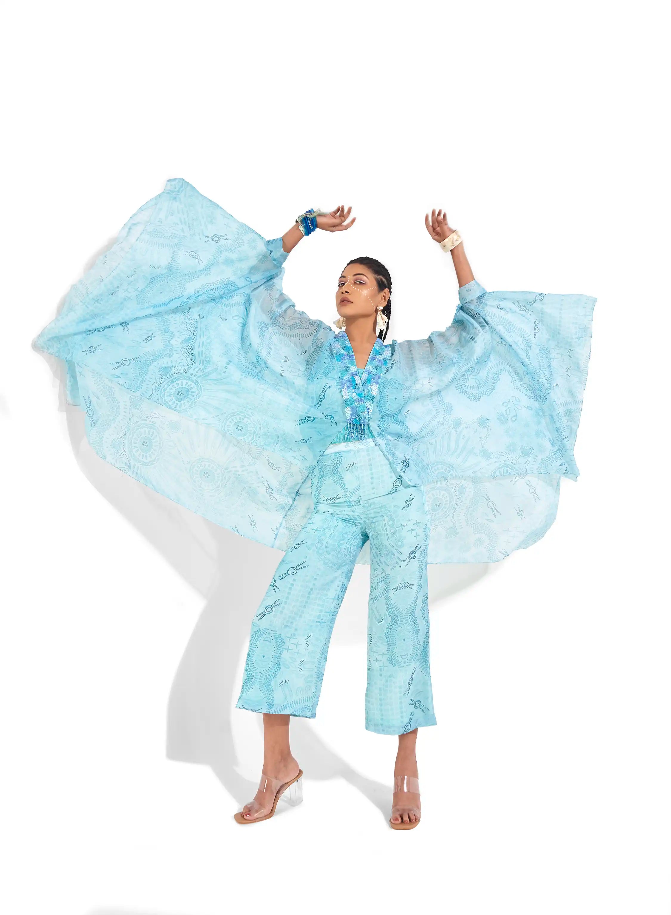 Relaxed Blue Aqua Organza Saija Printed Kaftan Top Embellished Neckline