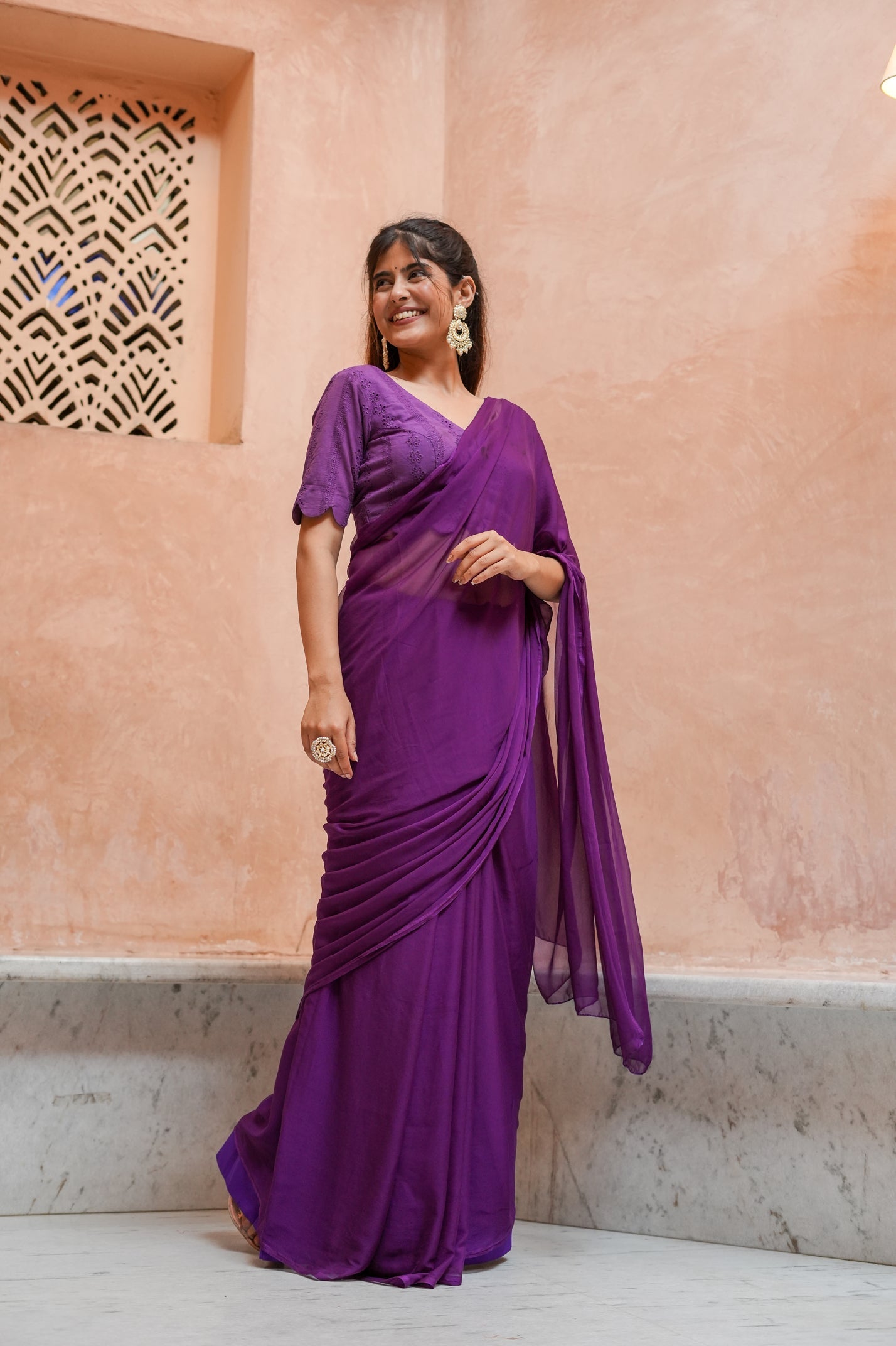 Elegant Purple Chiffon Saree with Schifli Blouse Piece