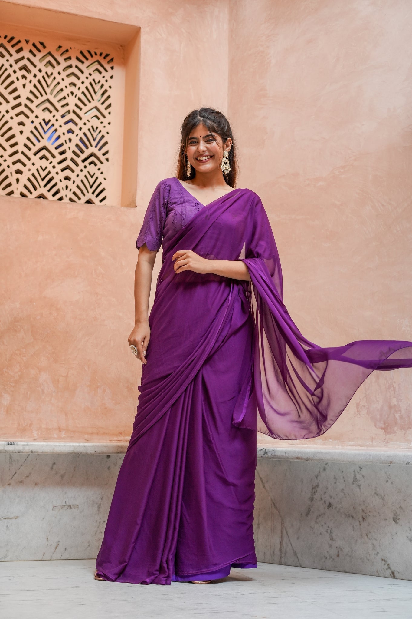 Elegant Purple Chiffon Saree with Schifli Blouse Piece