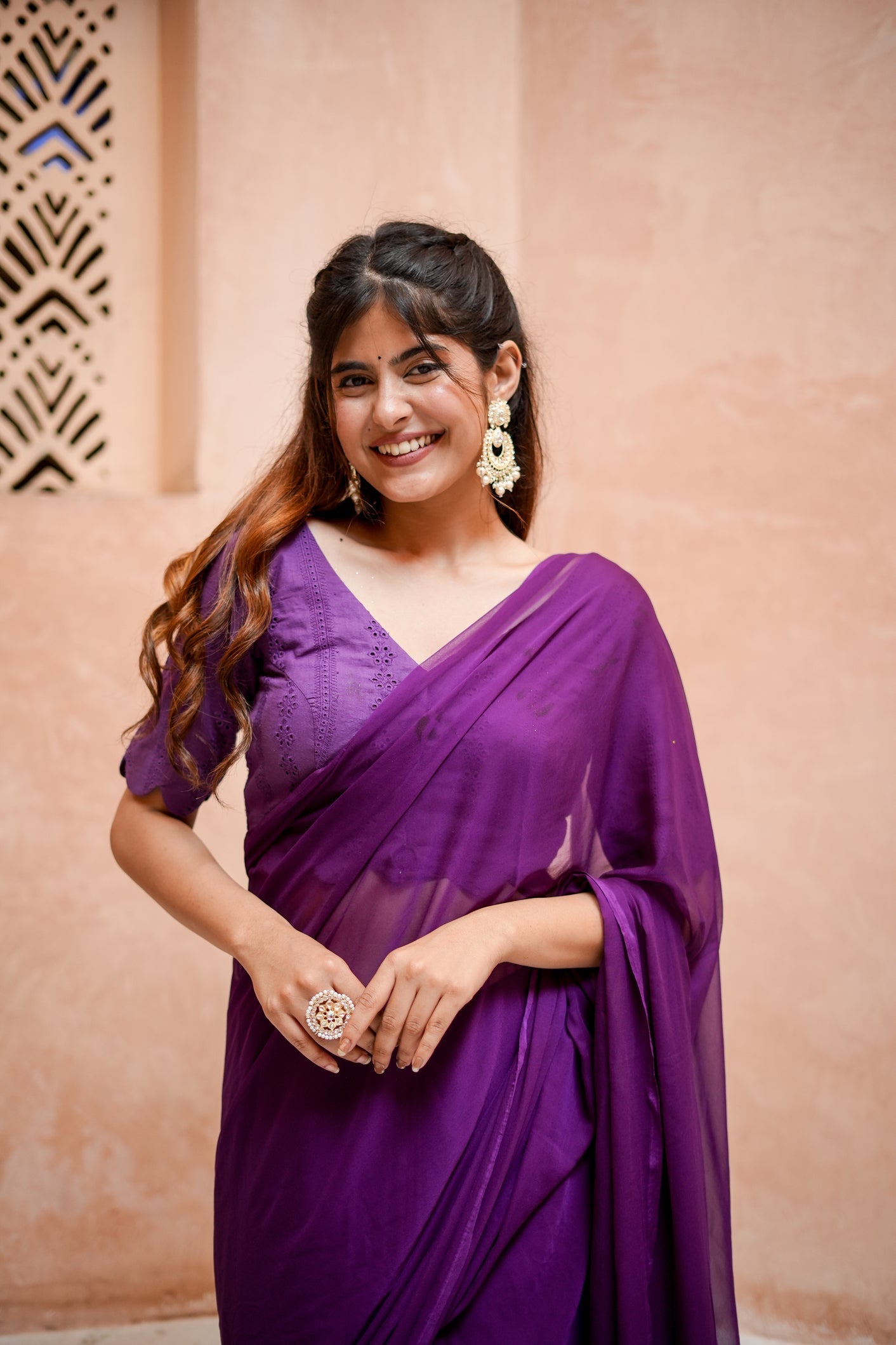 Elegant Purple Chiffon Saree with Schifli Blouse Piece
