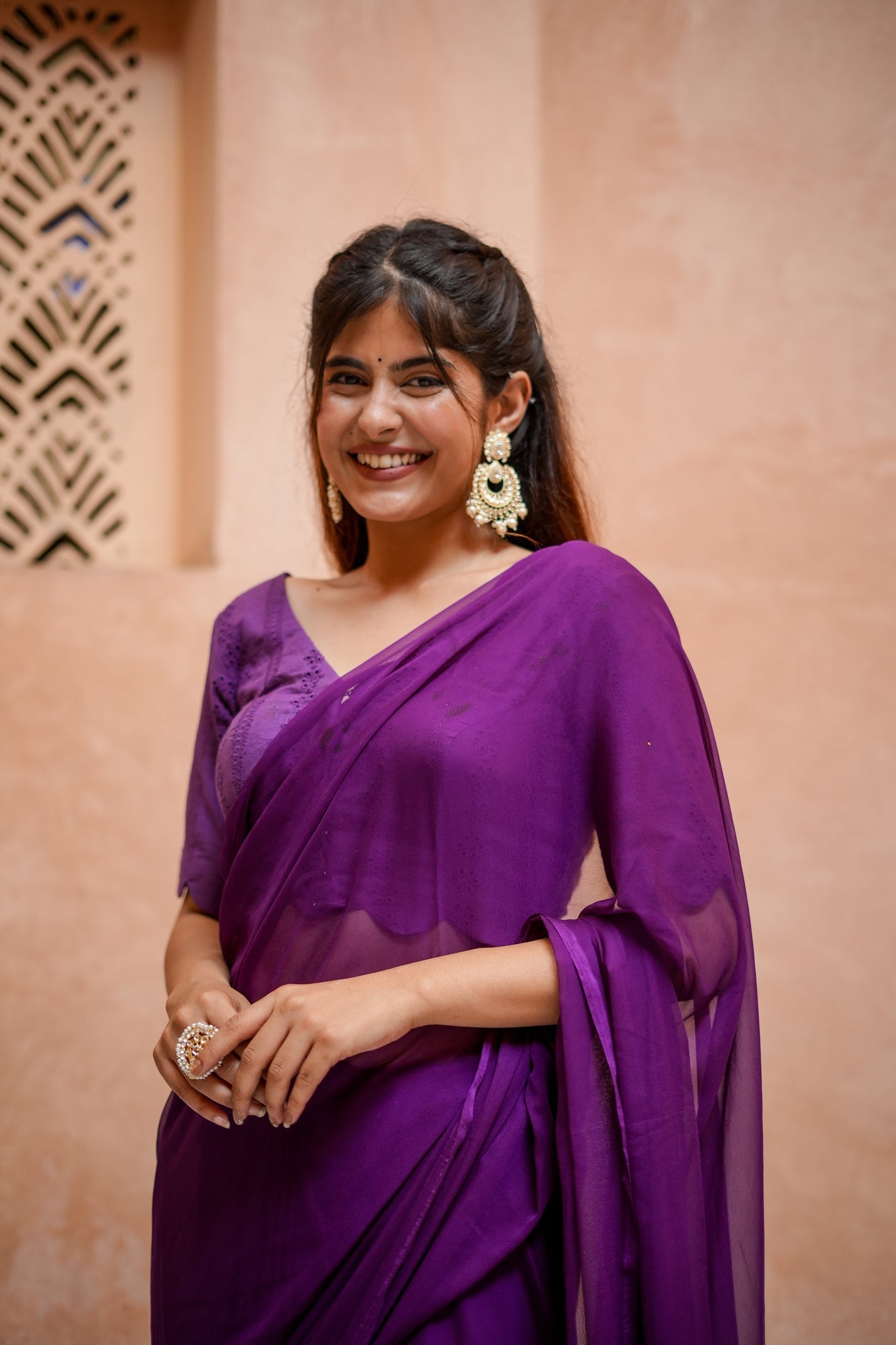 Elegant Purple Chiffon Saree with Schifli Blouse Piece