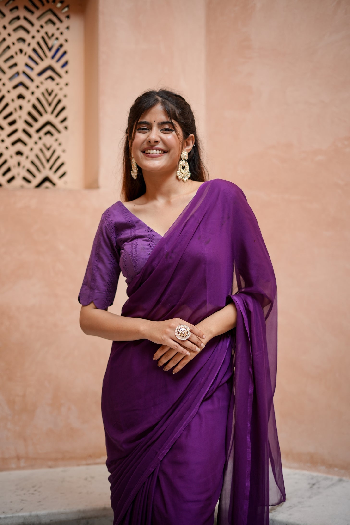 Elegant Purple Chiffon Saree with Schifli Blouse Piece