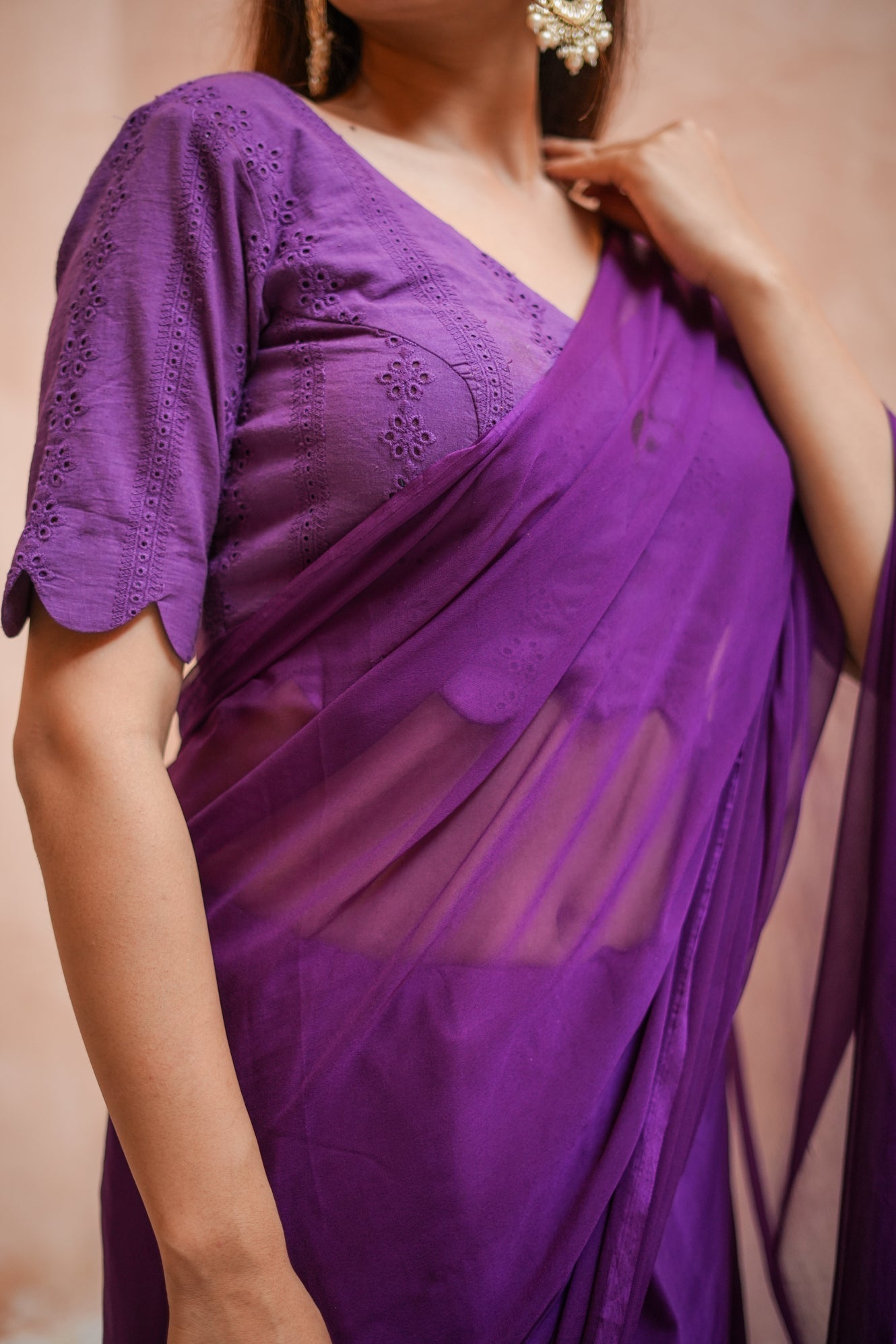 Elegant Purple Chiffon Saree with Schifli Blouse Piece