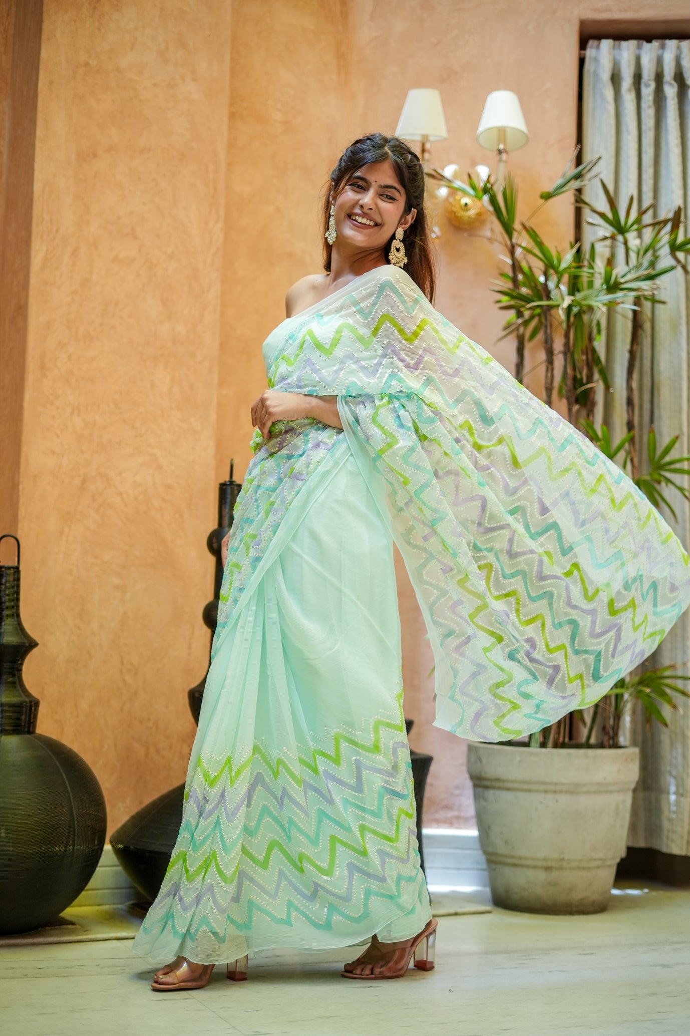 Willow Whisper (Embroidered & Handpainted Chiffon Saree)