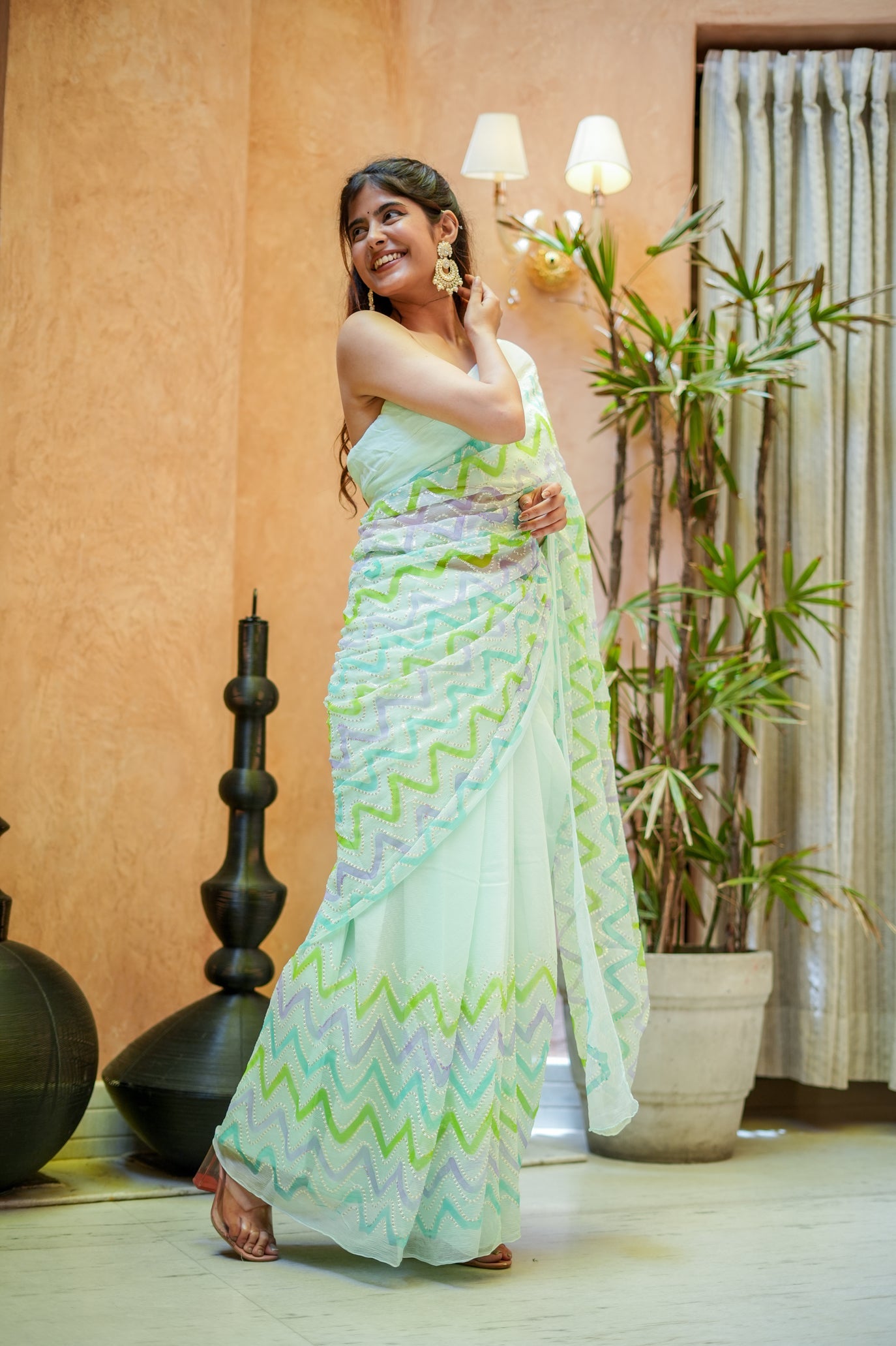 Willow Whisper (Embroidered & Handpainted Chiffon Saree)