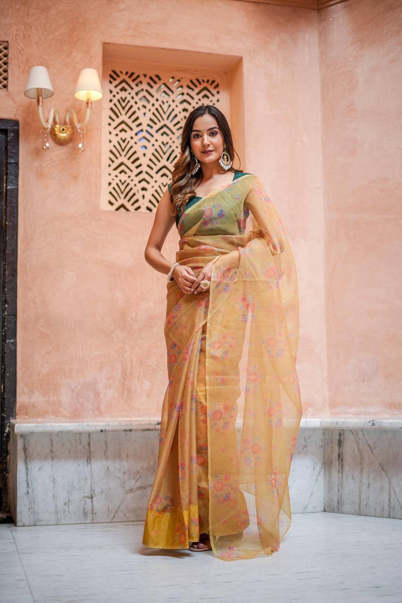 Elegant Yellow Gold Organza Printed Saree Floral