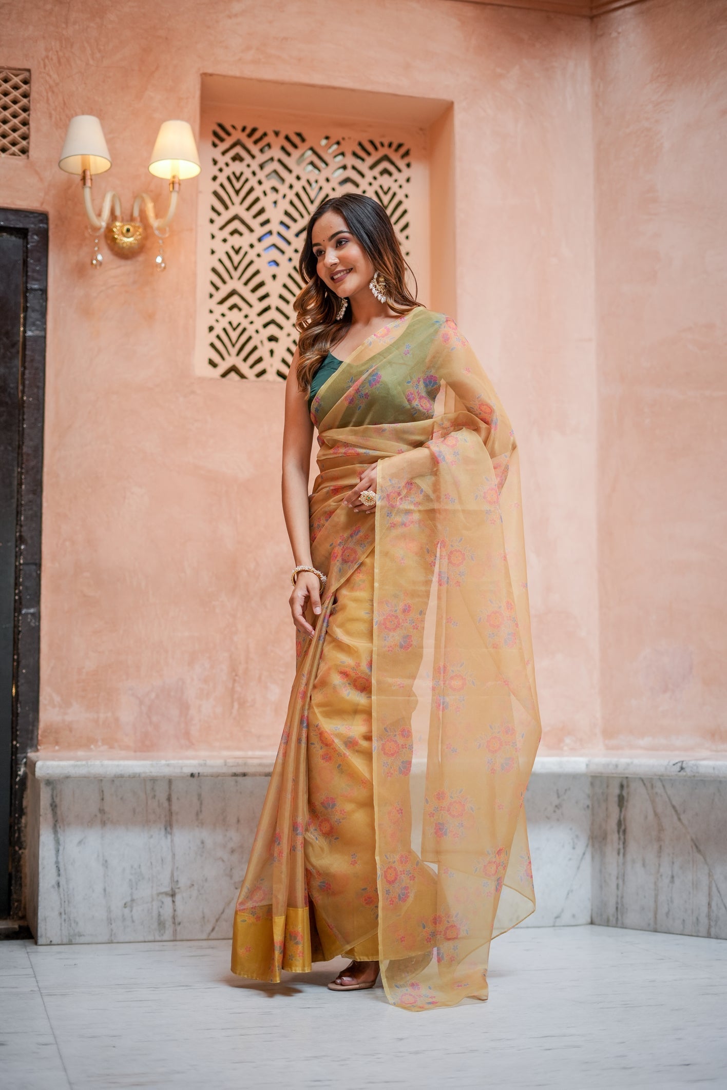 Elegant Yellow Gold Organza Printed Saree Floral