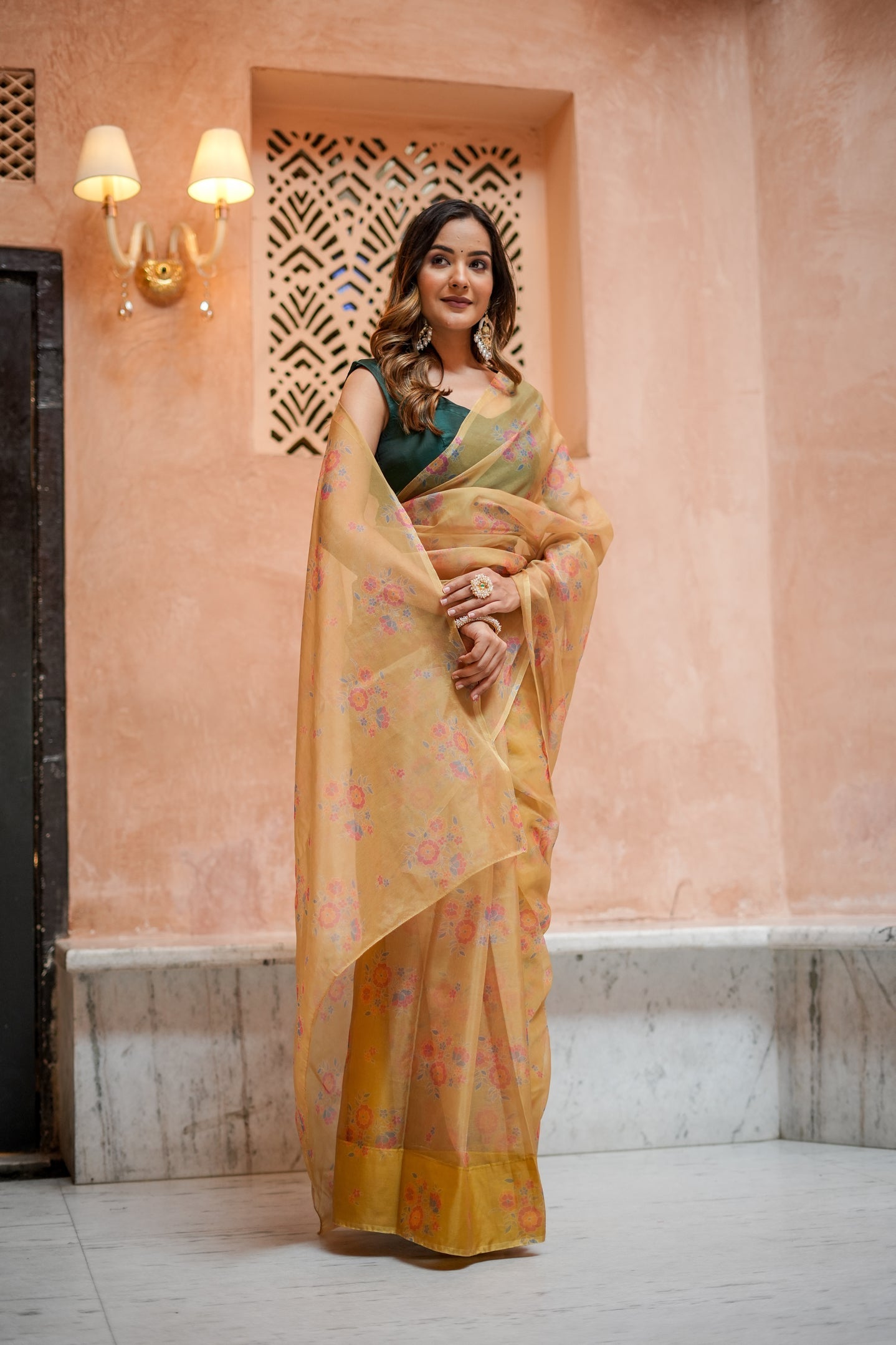 Elegant Yellow Gold Organza Printed Saree Floral