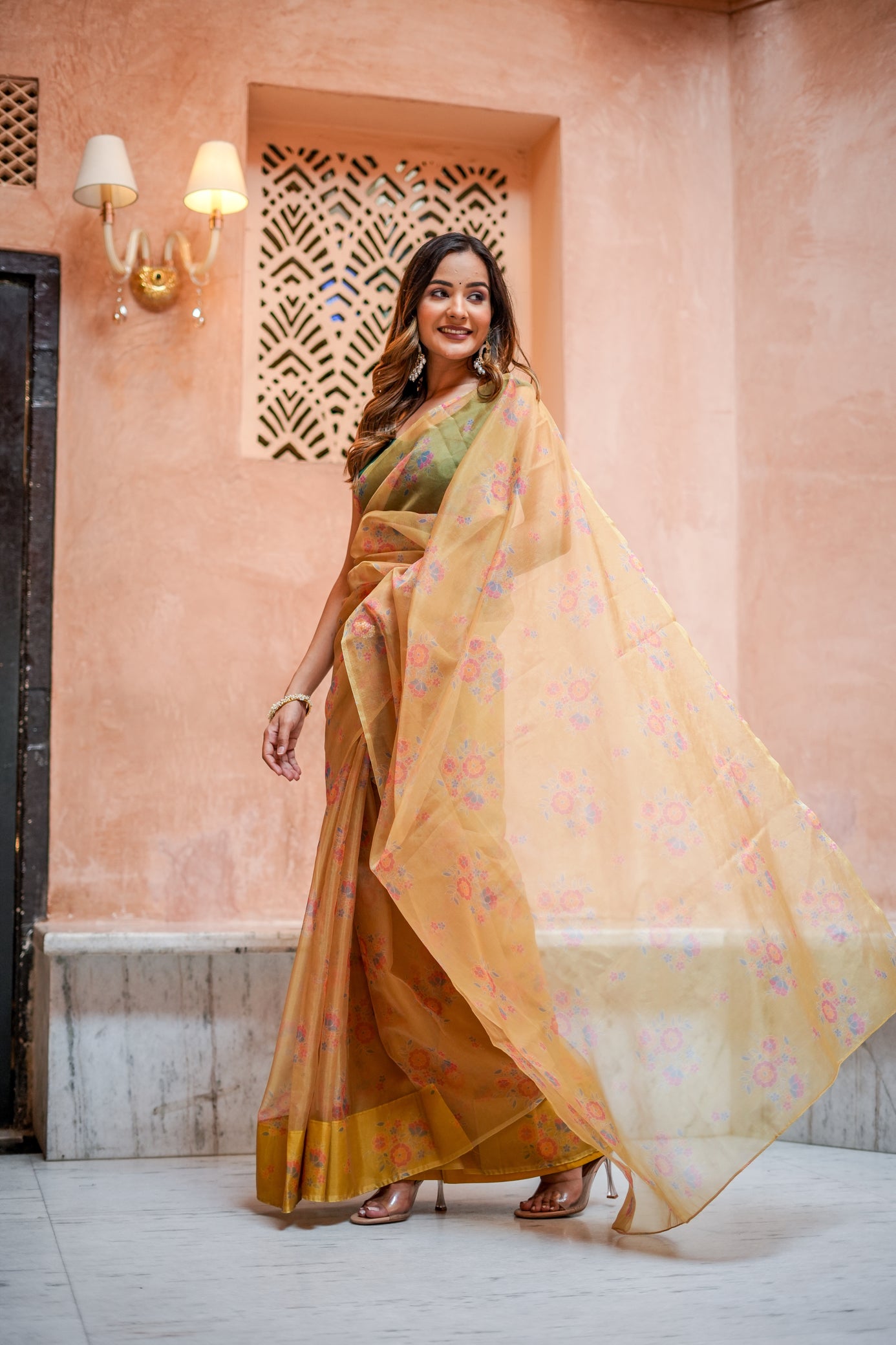 Elegant Yellow Gold Organza Printed Saree Floral