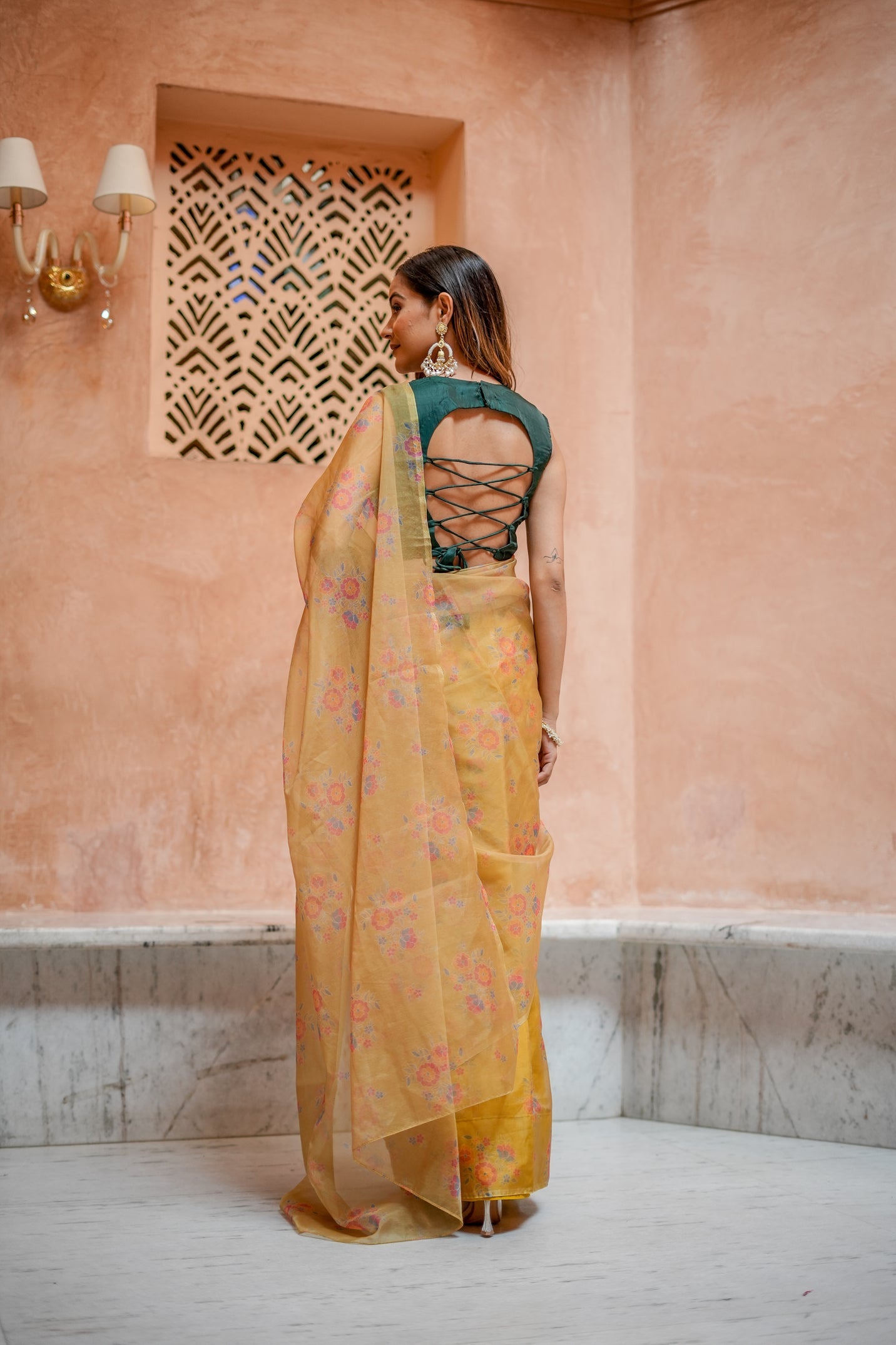 Elegant Yellow Gold Organza Printed Saree Floral