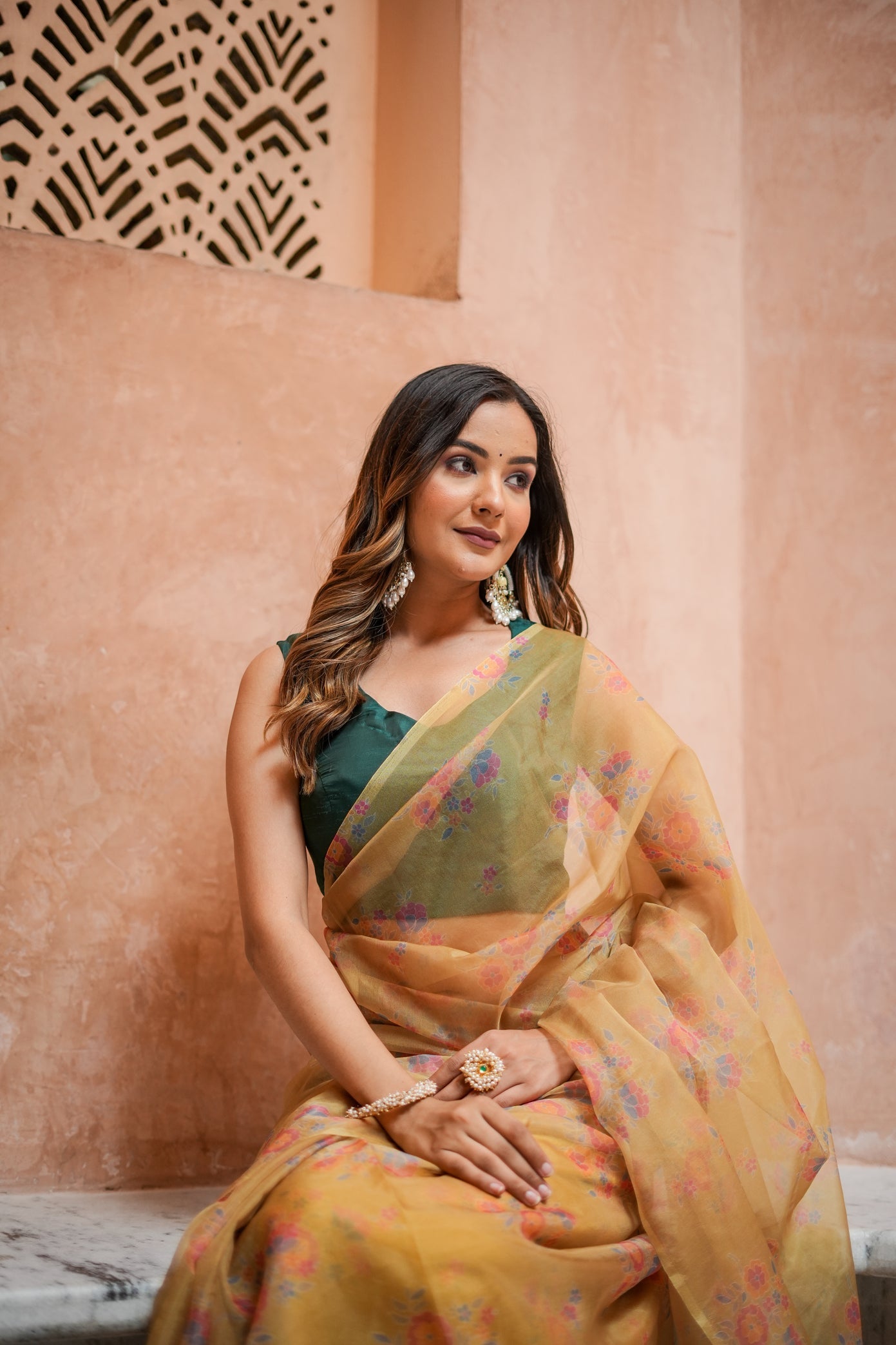 Elegant Yellow Gold Organza Printed Saree Floral