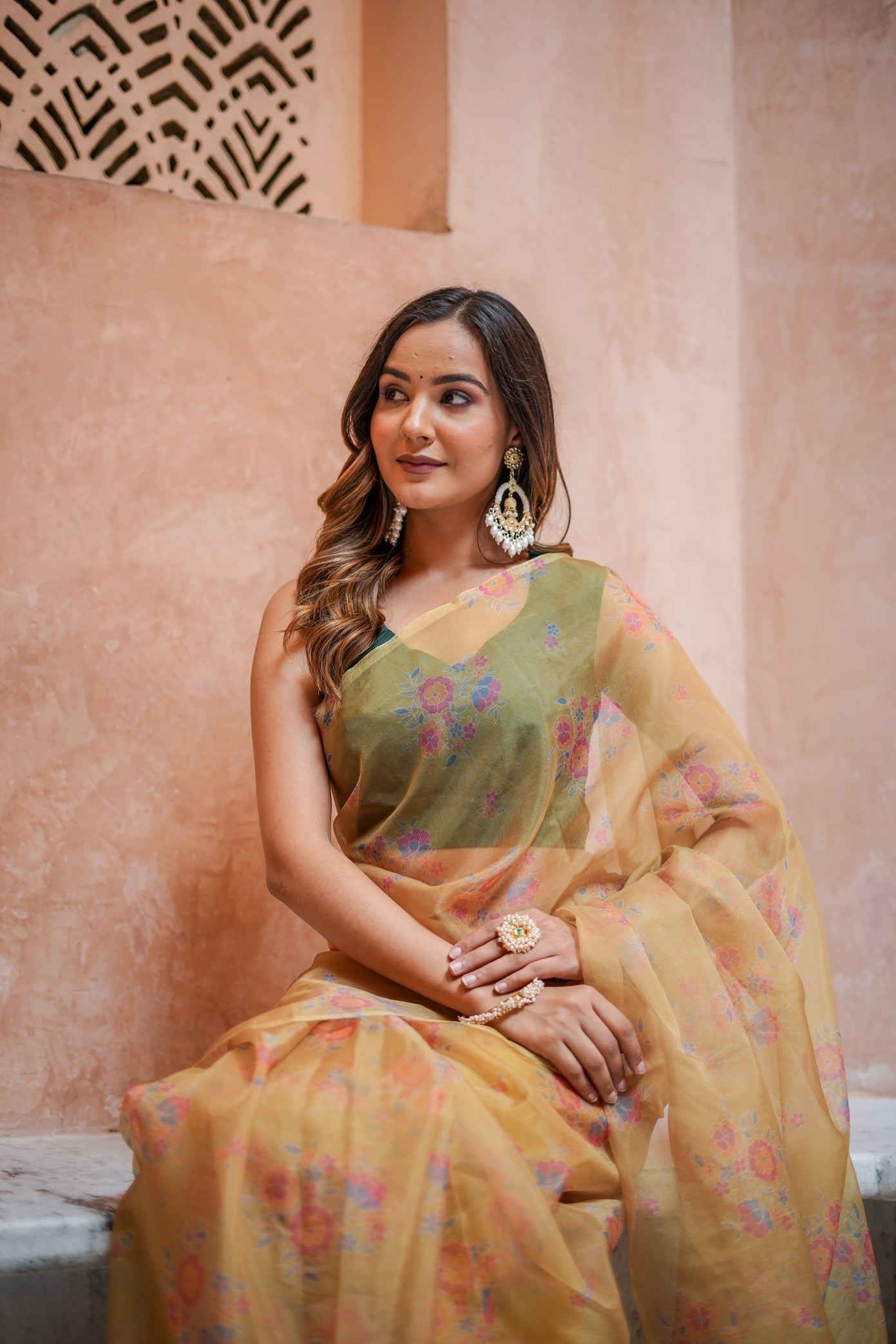 Elegant Yellow Gold Organza Printed Saree Floral