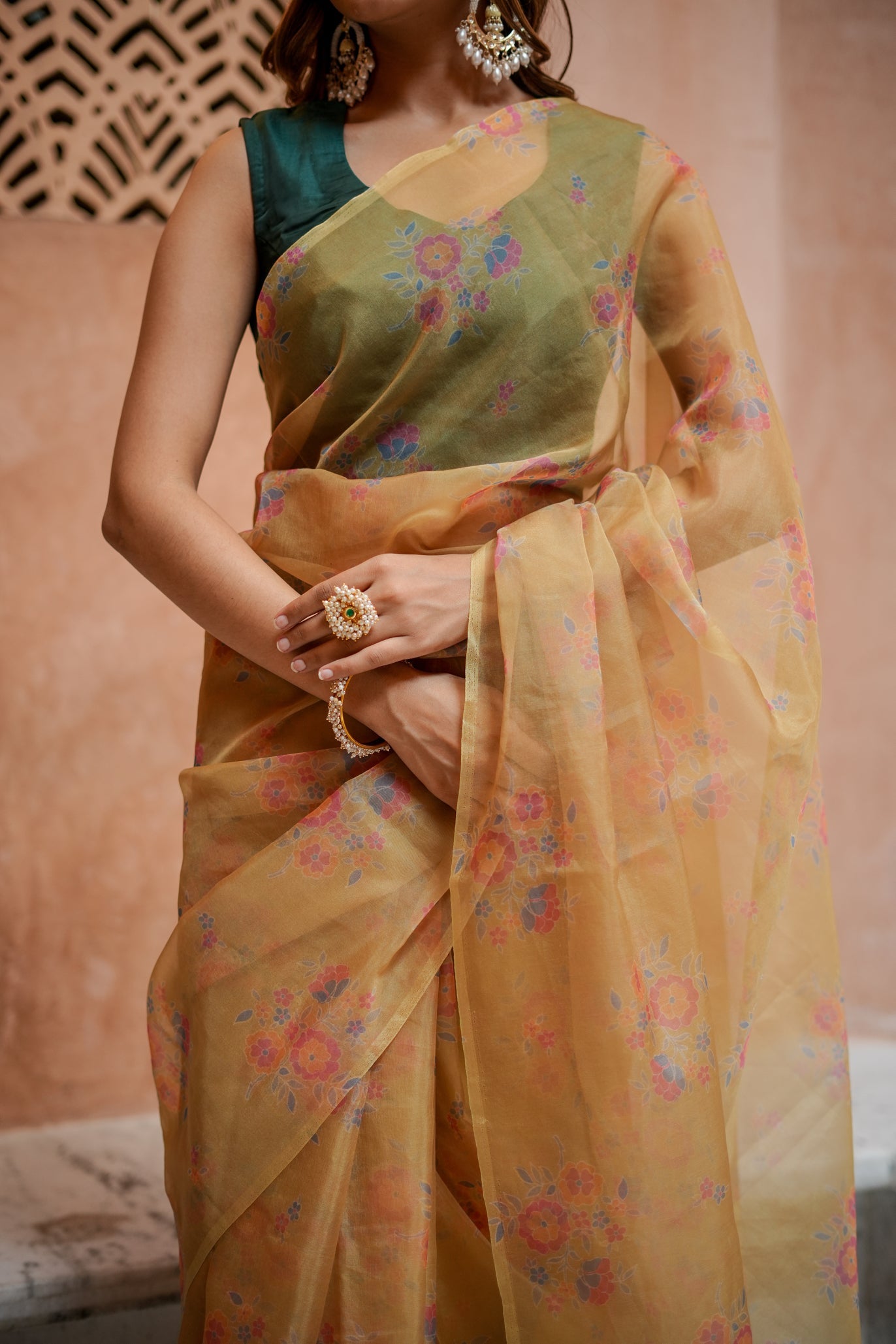 Elegant Yellow Gold Organza Printed Saree Floral