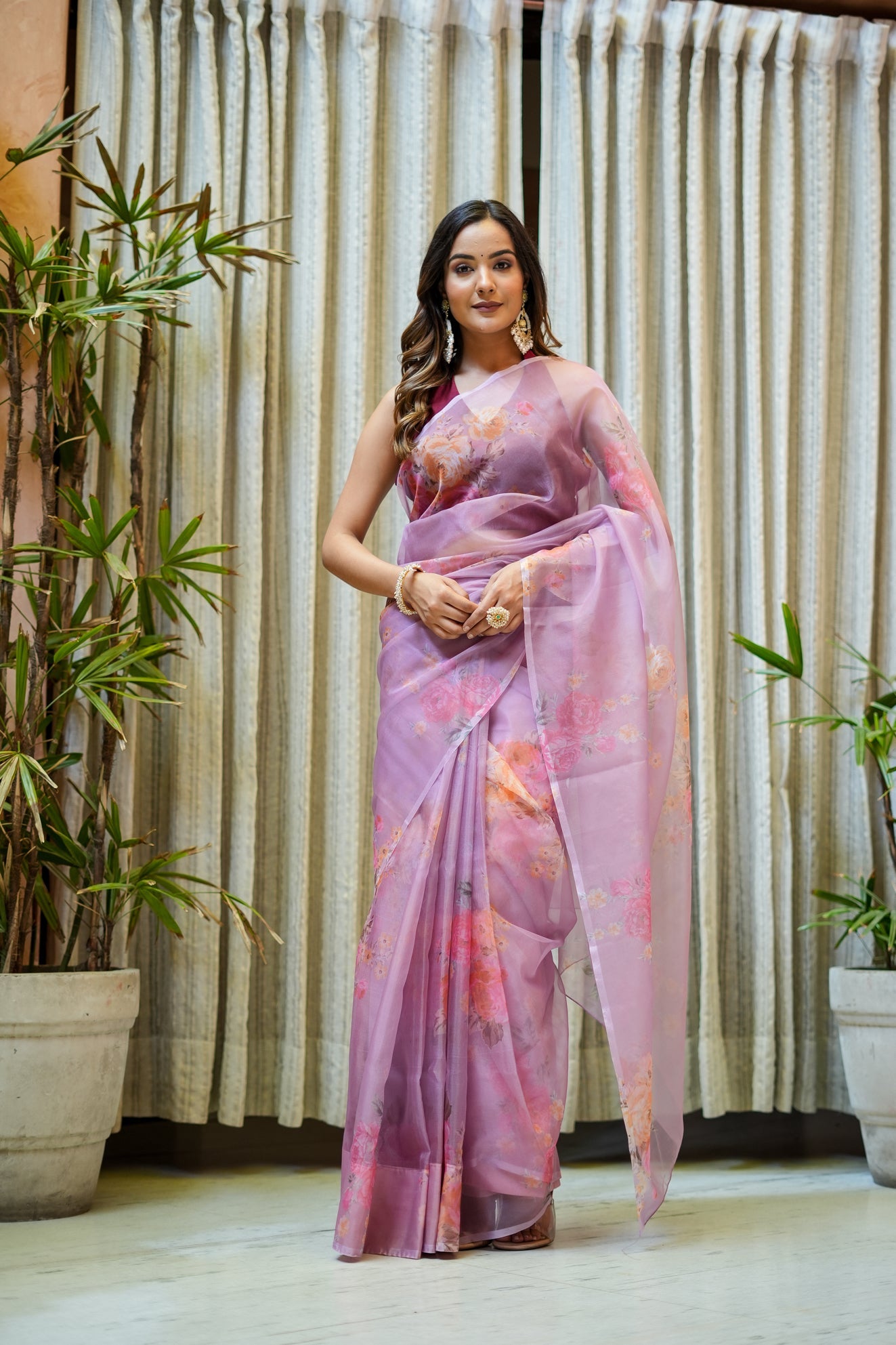 Elegant Pink Organza Printed Saree Floral