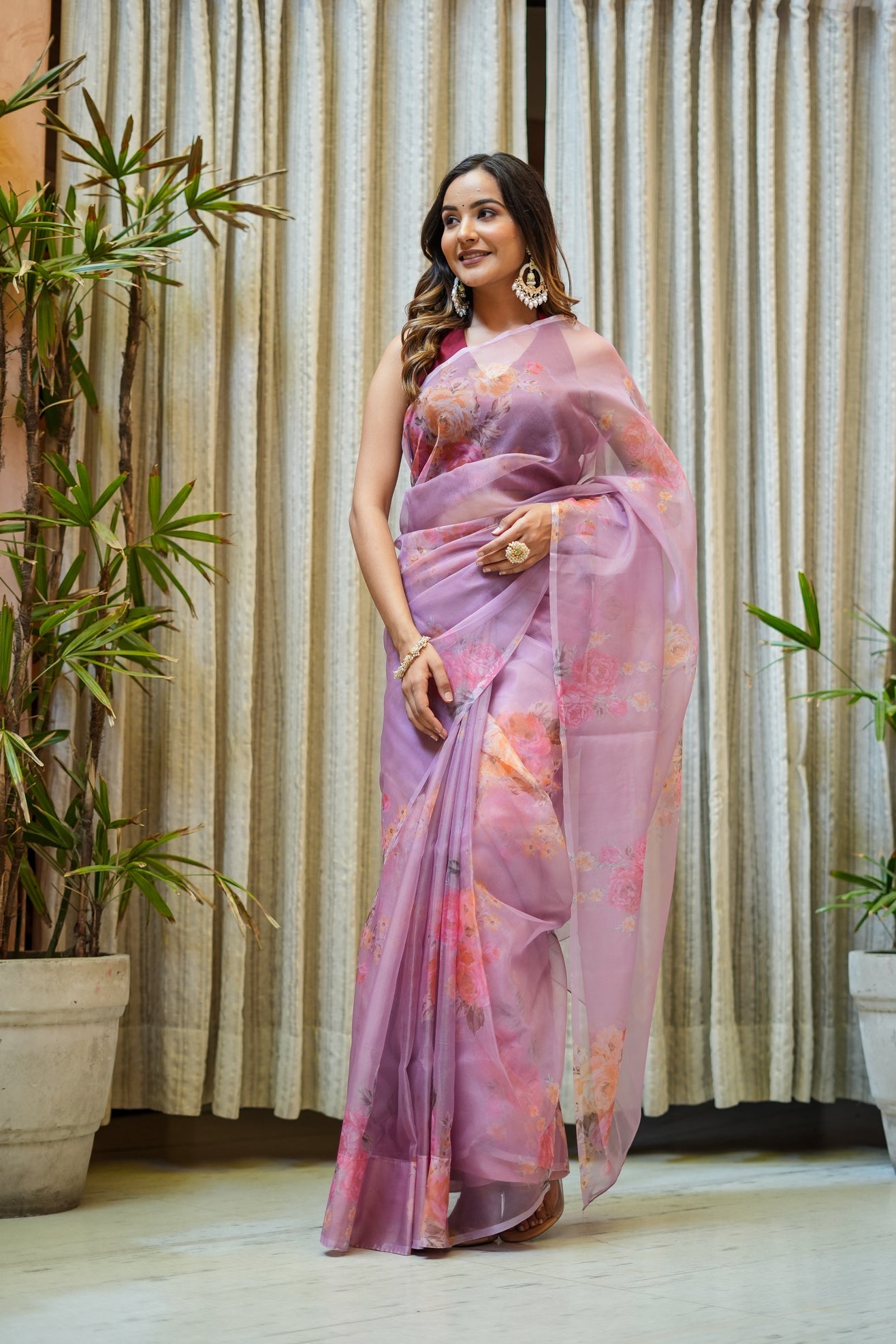 Elegant Pink Organza Printed Saree Floral