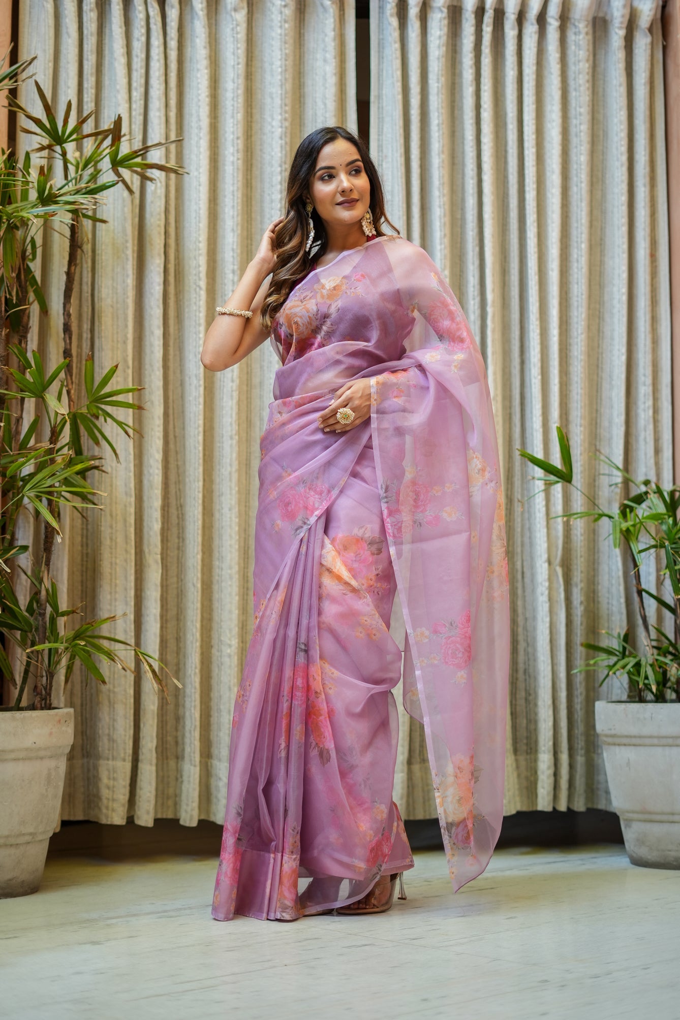 Elegant Pink Organza Printed Saree Floral
