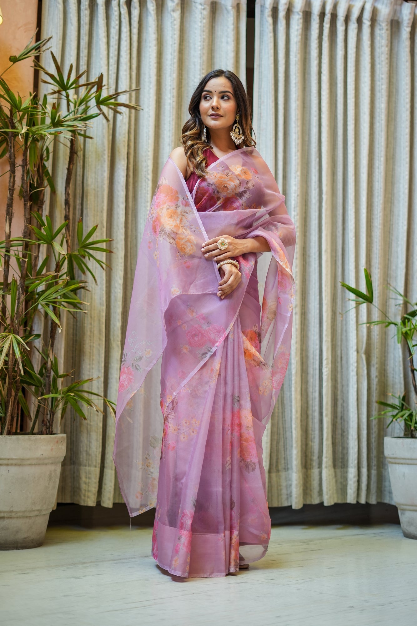 Elegant Pink Organza Printed Saree Floral