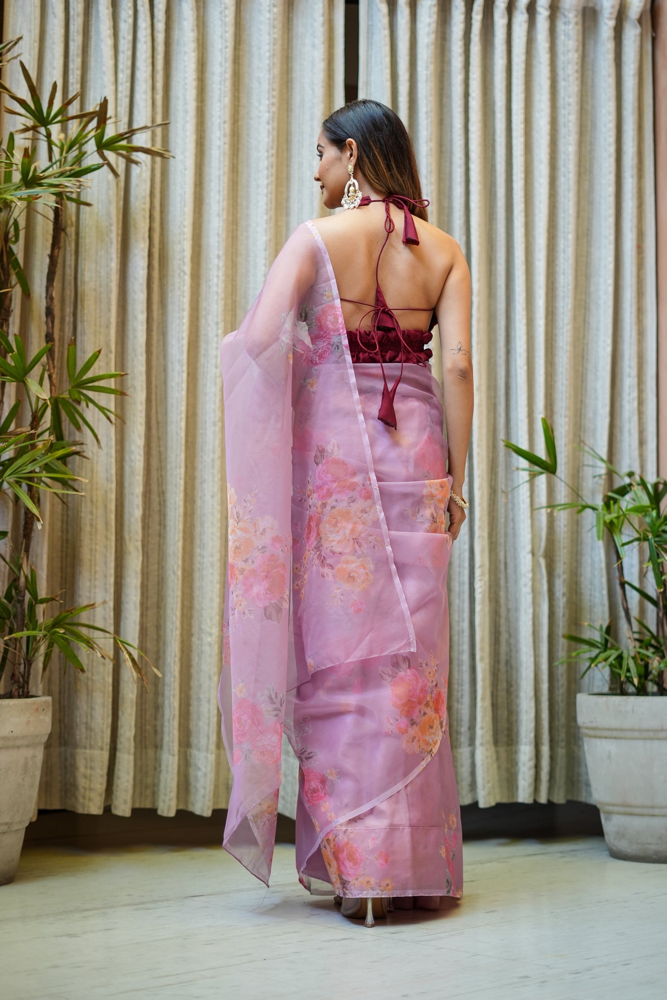 Elegant Pink Organza Printed Saree Floral