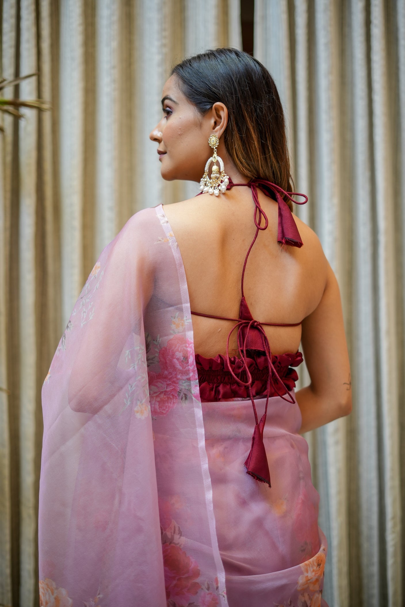 Elegant Pink Organza Printed Saree Floral