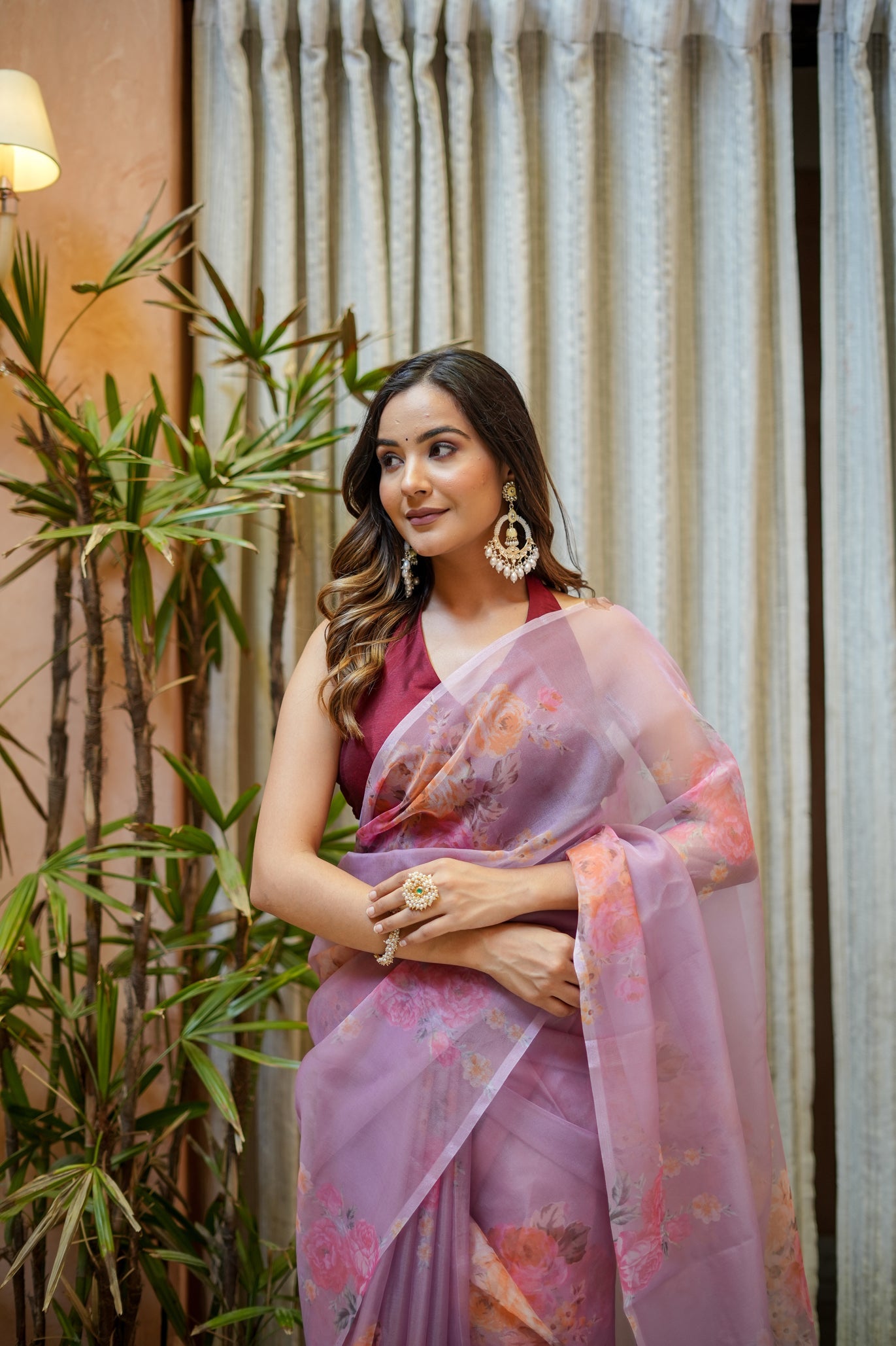 Elegant Pink Organza Printed Saree Floral