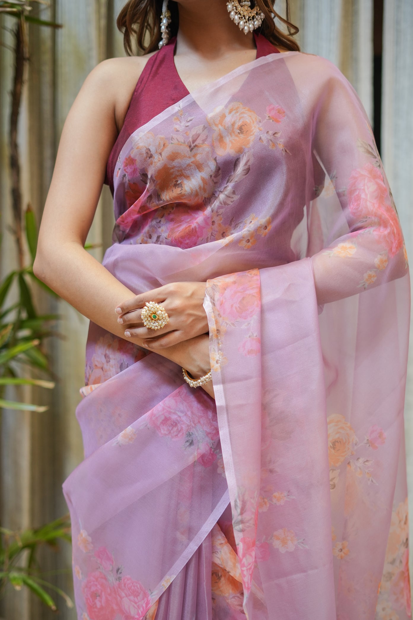 Elegant Pink Organza Printed Saree Floral