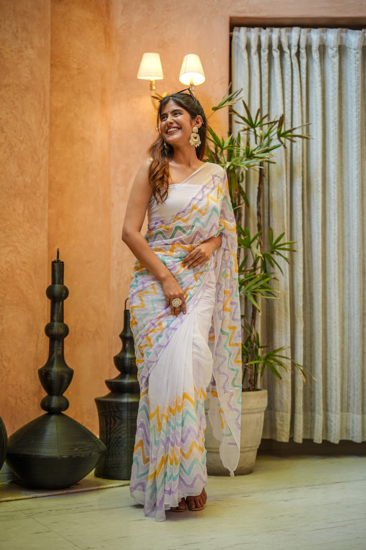Radiant Silver Pink Chiffon Embroidered Handpainted Saree Geometric
