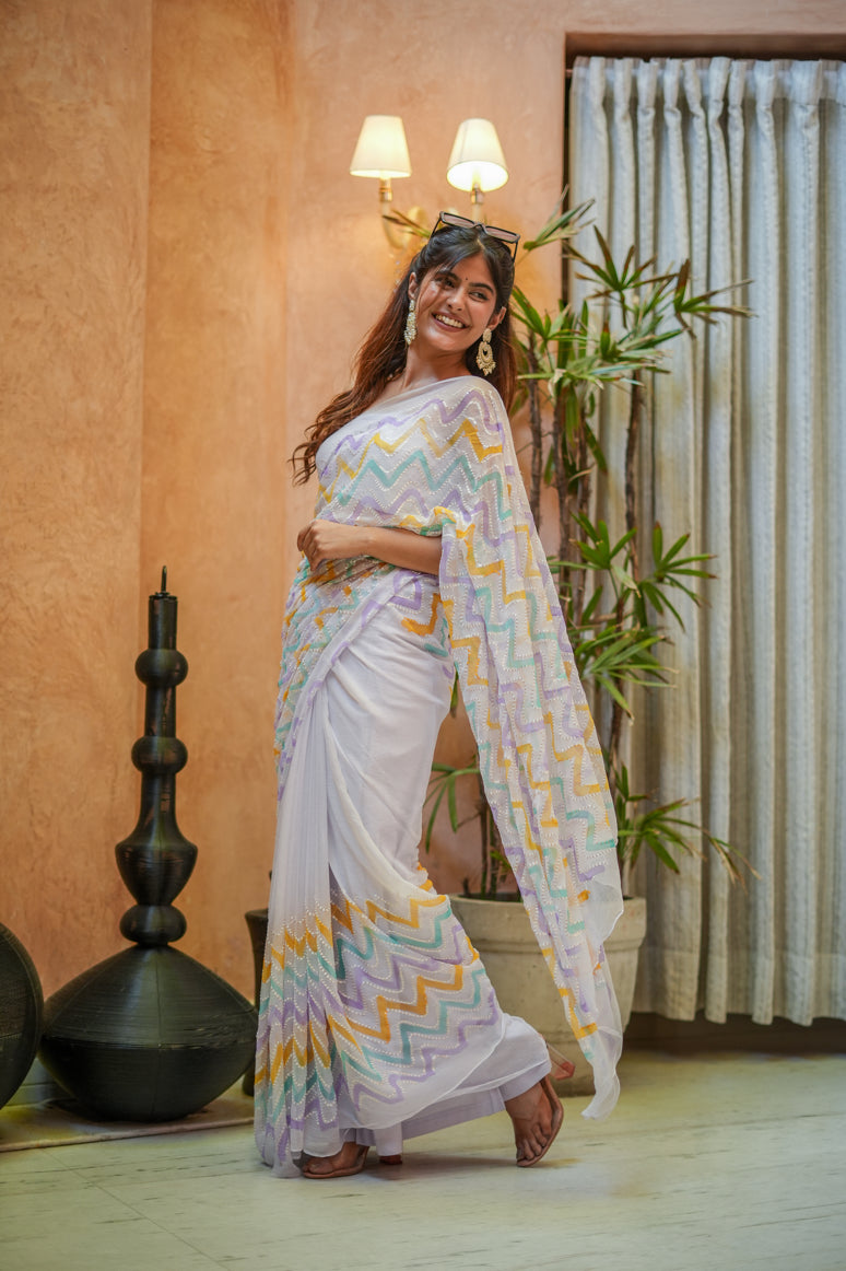 Radiant Silver Pink Chiffon Embroidered Handpainted Saree Geometric