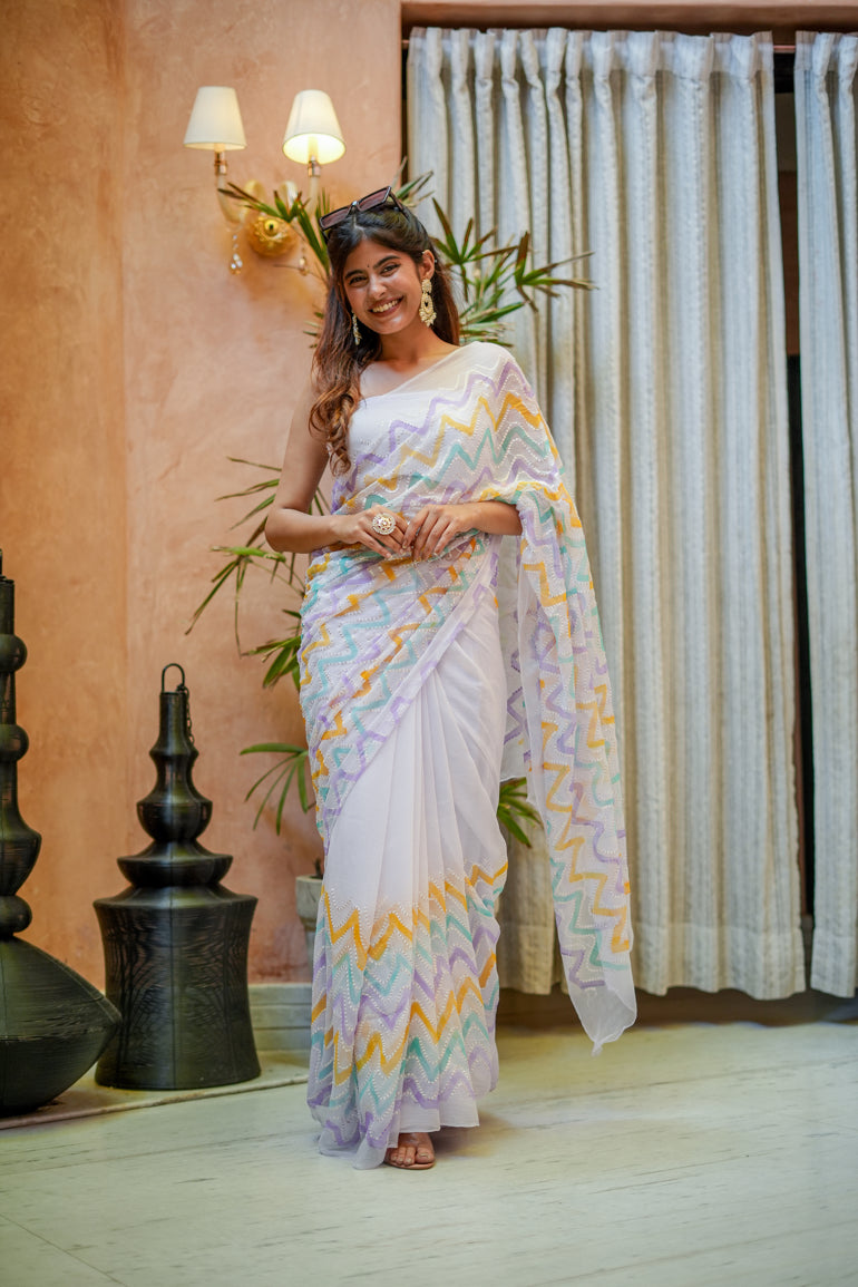 Radiant Silver Pink Chiffon Embroidered Handpainted Saree Geometric