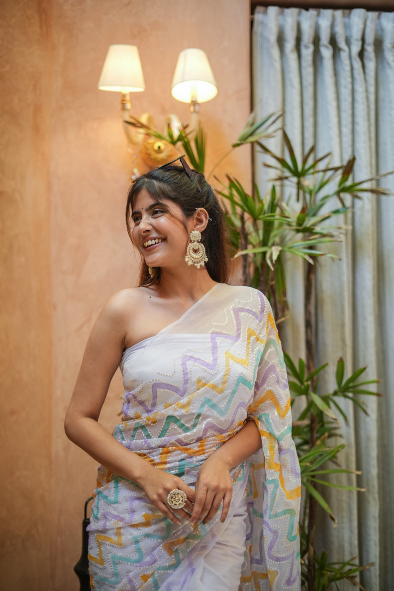 Radiant Silver Pink Chiffon Embroidered Handpainted Saree Geometric
