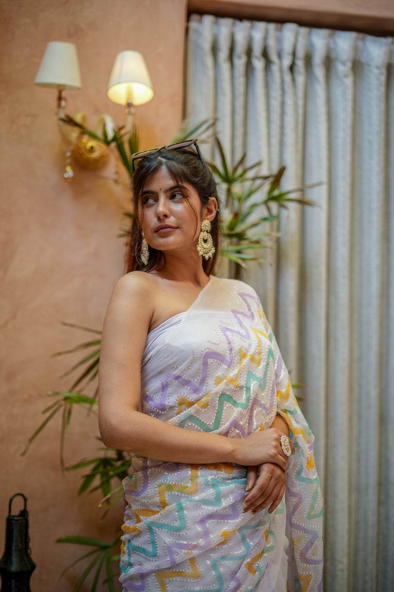 Radiant Silver Pink Chiffon Embroidered Handpainted Saree Geometric