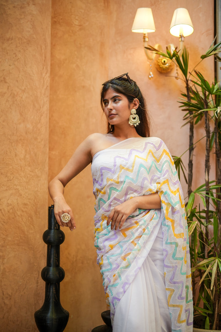 Radiant Silver Pink Chiffon Embroidered Handpainted Saree Geometric