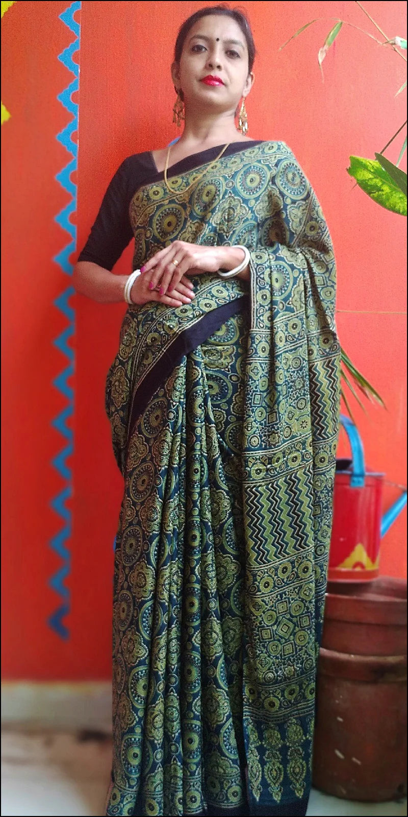 Aqua Green Indigo Blue Modal Silk Ajrakh Handblock Saree Nature Inspired
