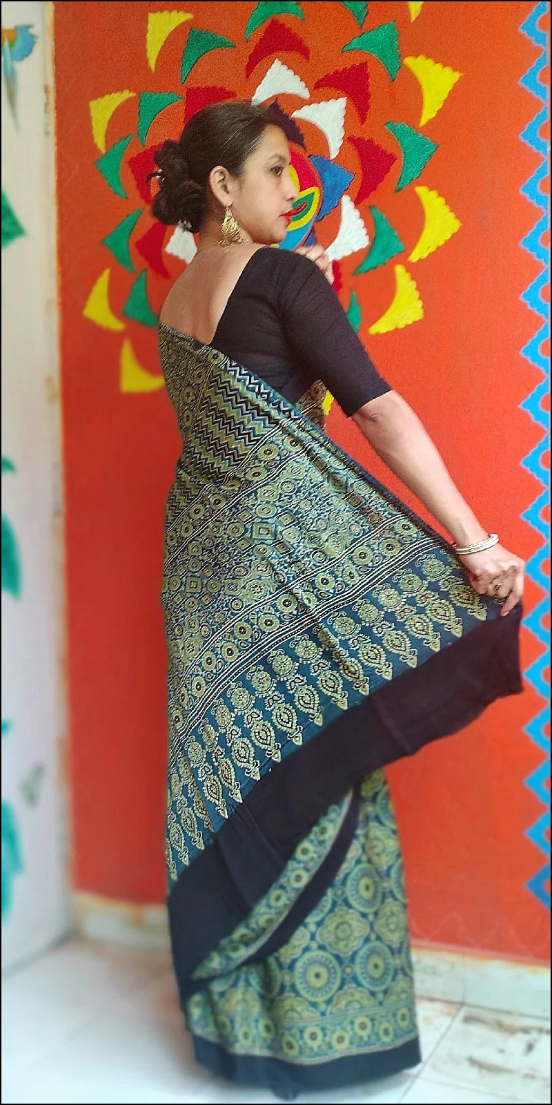 Aqua Green Indigo Blue Modal Silk Ajrakh Handblock Saree Nature Inspired
