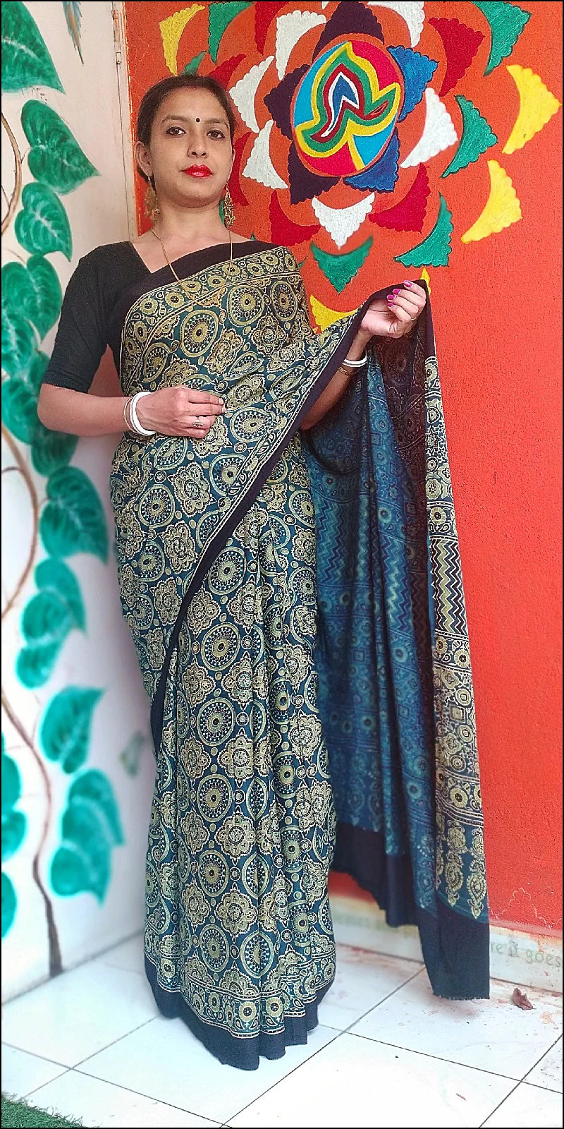Aqua Green Indigo Blue Modal Silk Ajrakh Handblock Saree Nature Inspired