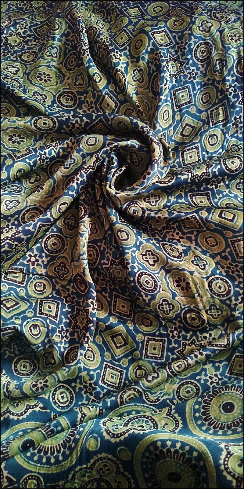 Aqua Green Indigo Blue Modal Silk Ajrakh Handblock Saree Nature Inspired
