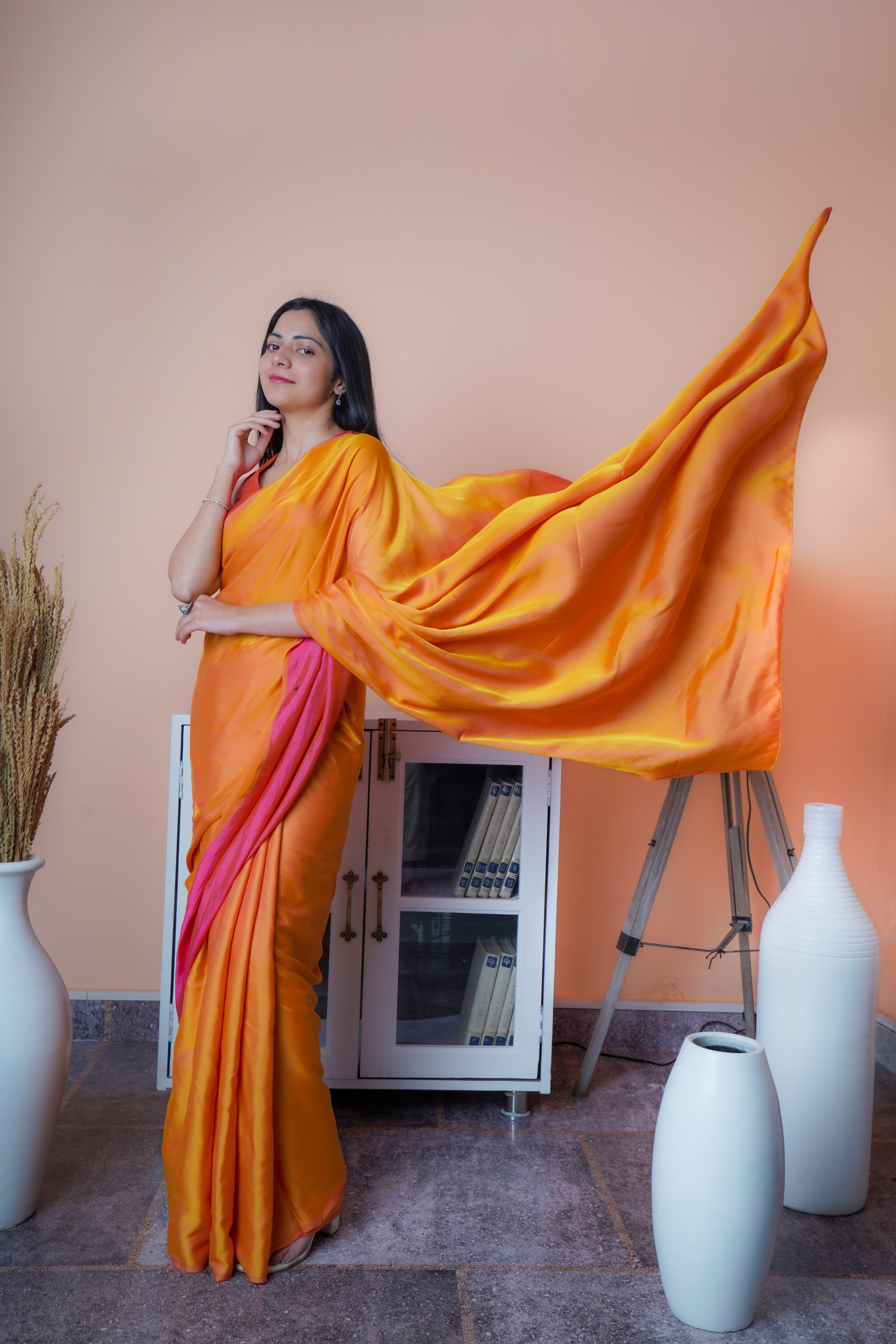 Satin Elegance - Satin Silk Saree (Dual Shade Orange & Pink)