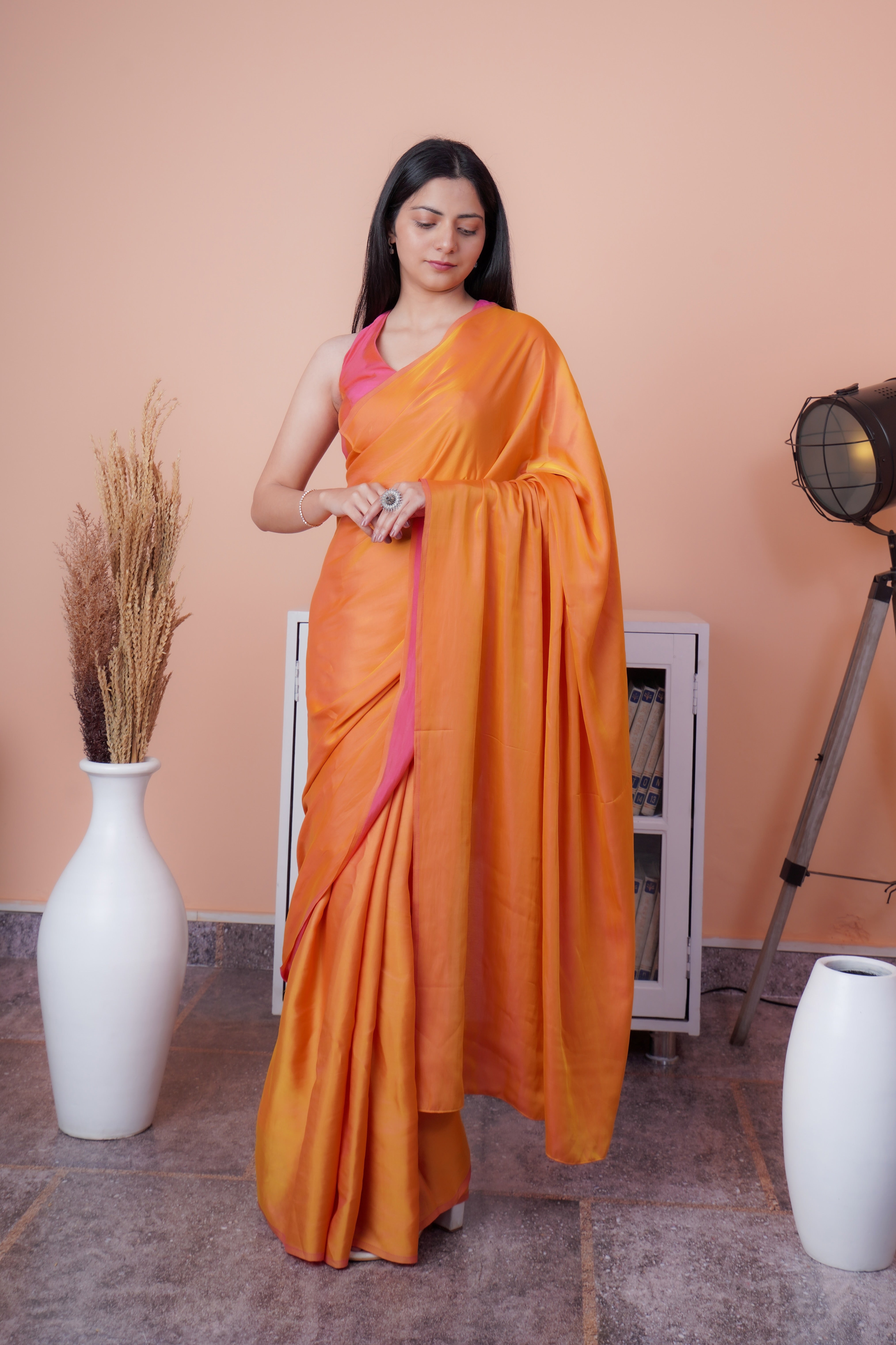 Satin Elegance - Satin Silk Saree (Dual Shade Orange & Pink)