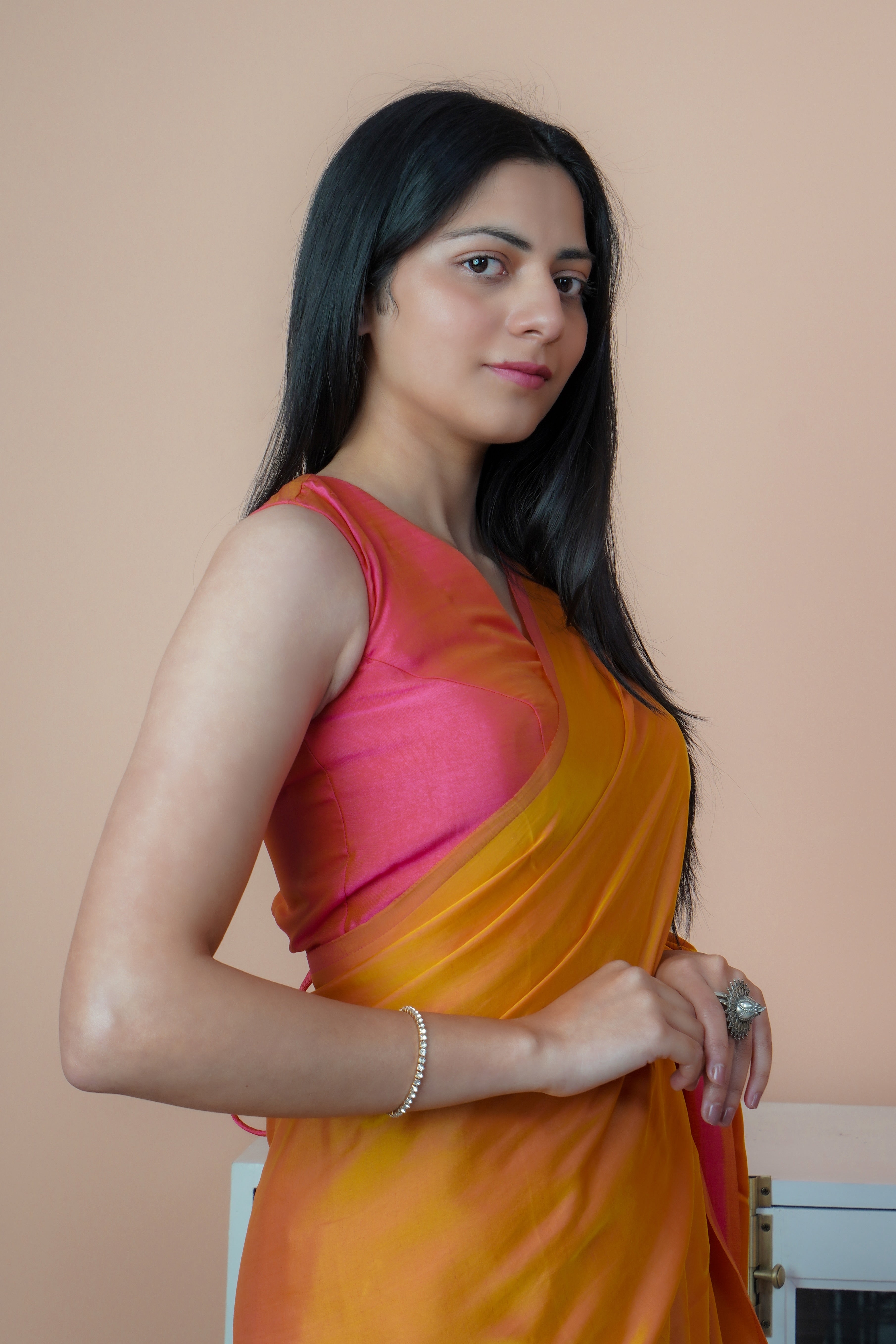 Satin Elegance - Satin Silk Saree (Dual Shade Orange & Pink)