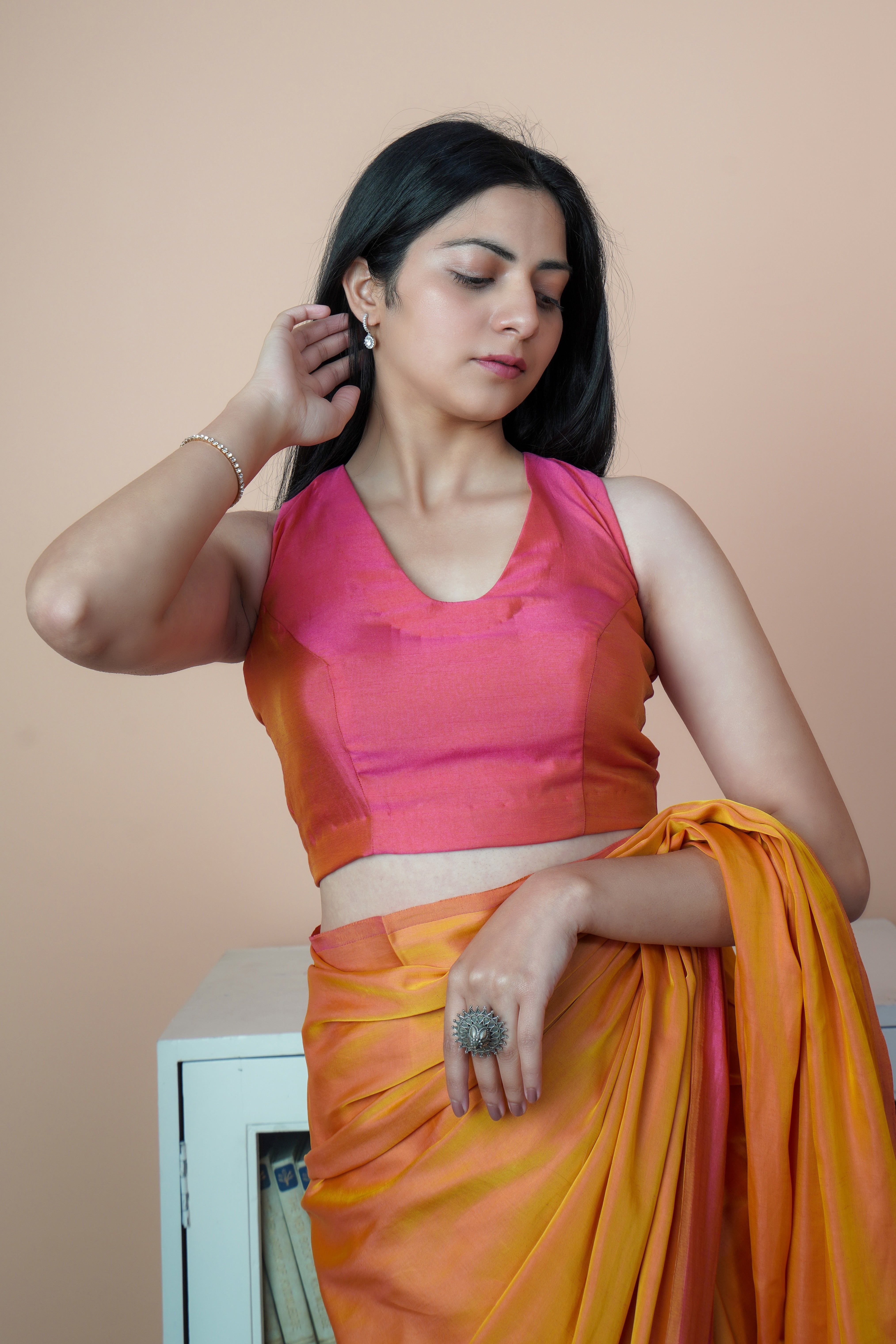 Satin Elegance - Satin Silk Saree (Dual Shade Orange & Pink)