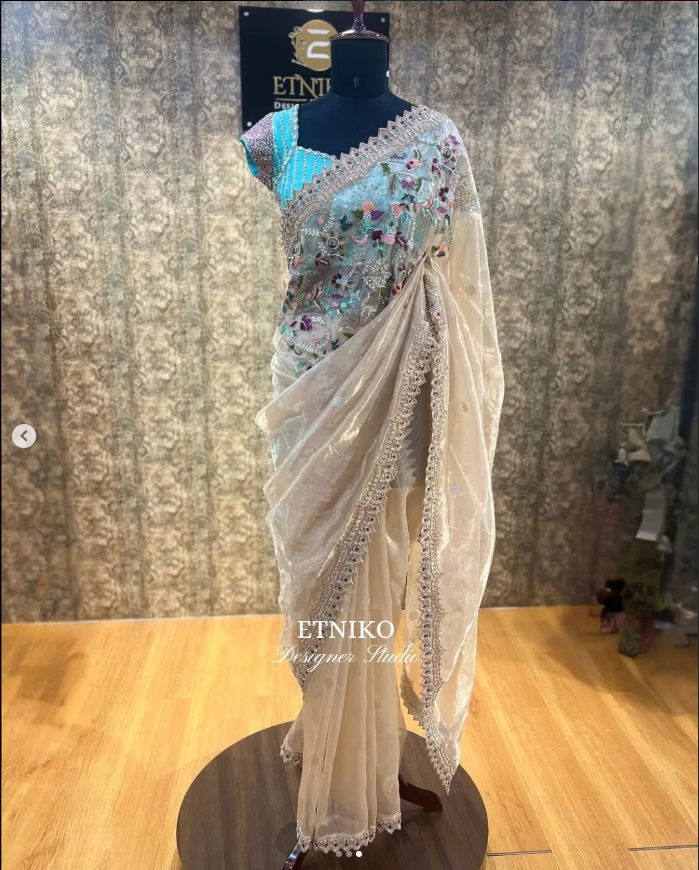 White Embroidered Saree with Embellished Blue Blouse - Festive Saree
