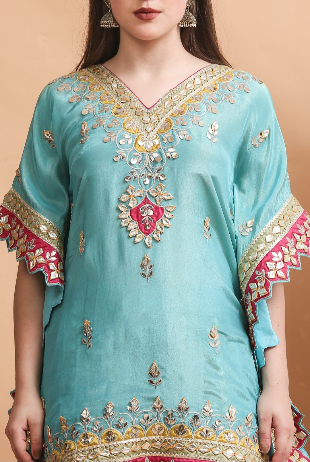 Turquoise Blue Patchwork Kaftan Sharara Set