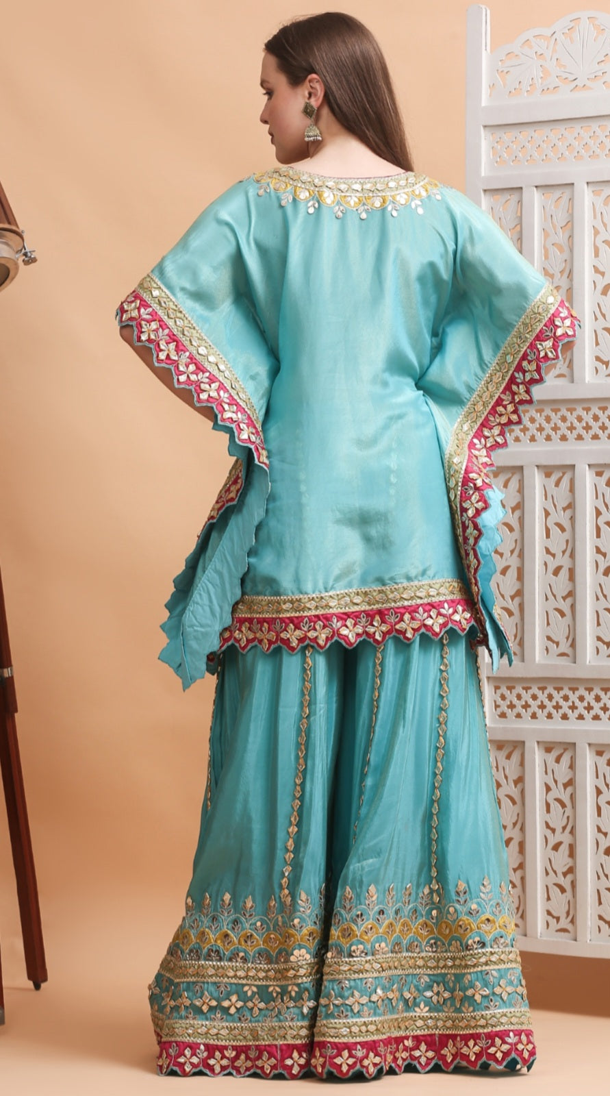 Turquoise Blue Patchwork Kaftan Sharara Set