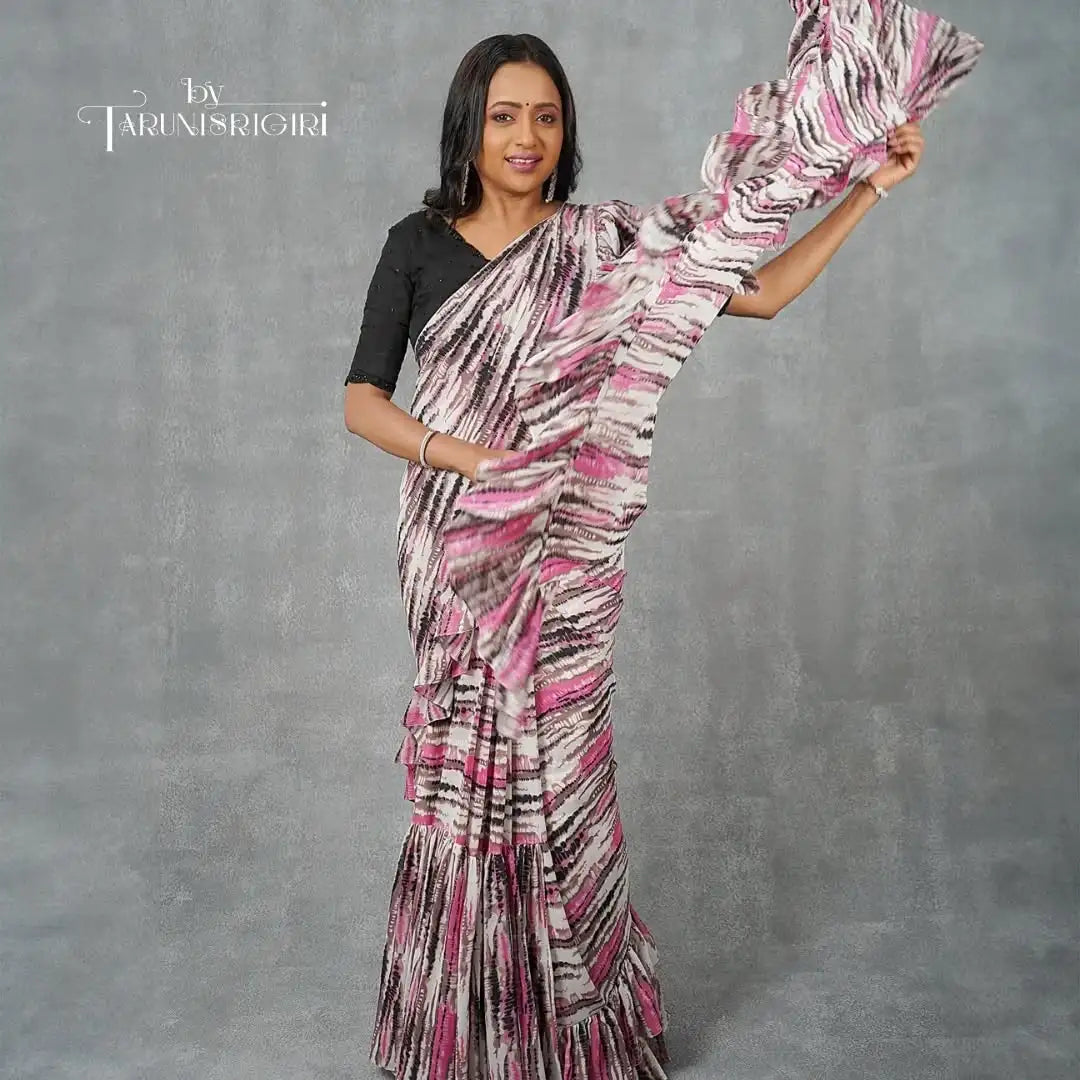 Chic Pink Ruffle Printed Organza Saree Hand Embroidery