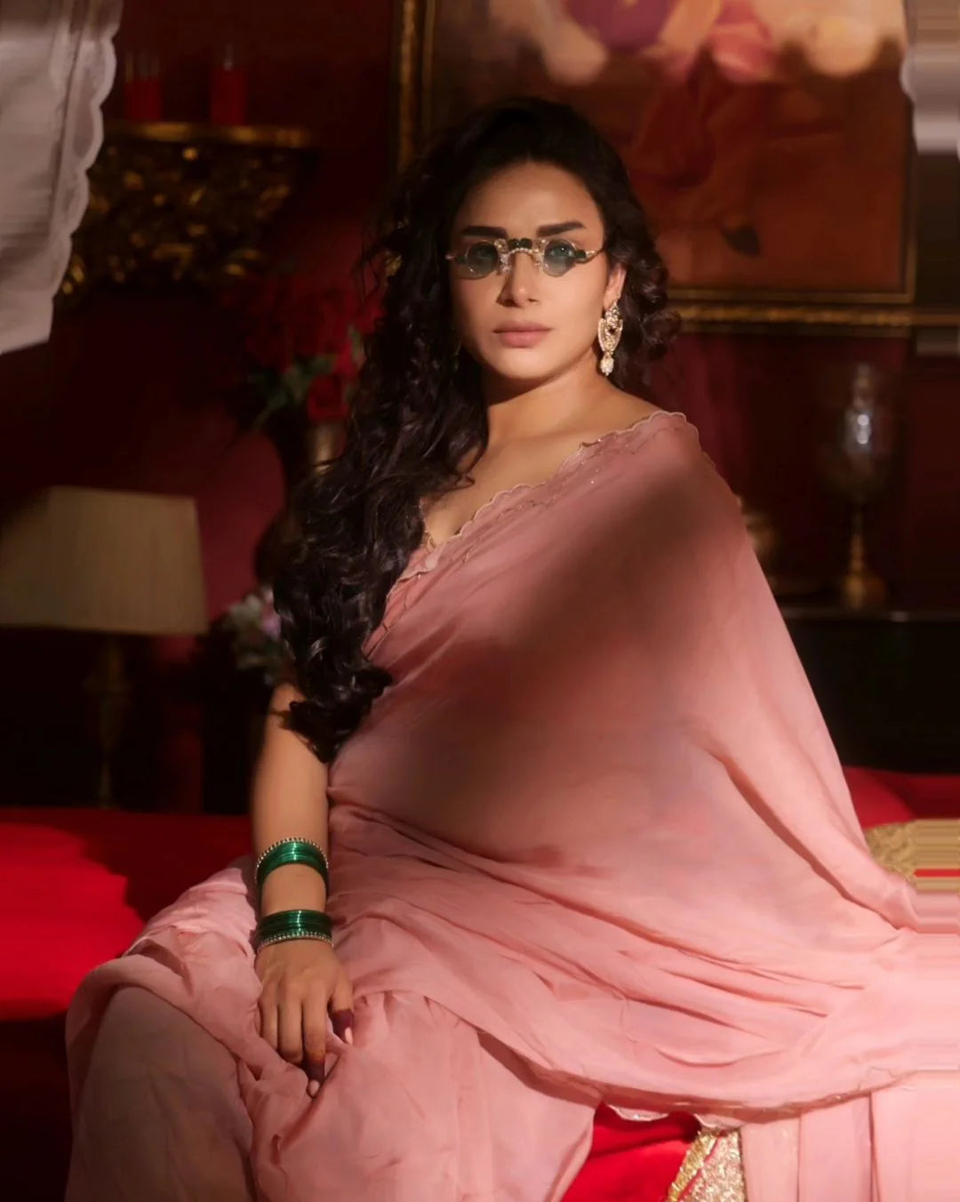 Luxurious Pink Red Dusky Rose Organza Saree Cutdana Embroidery